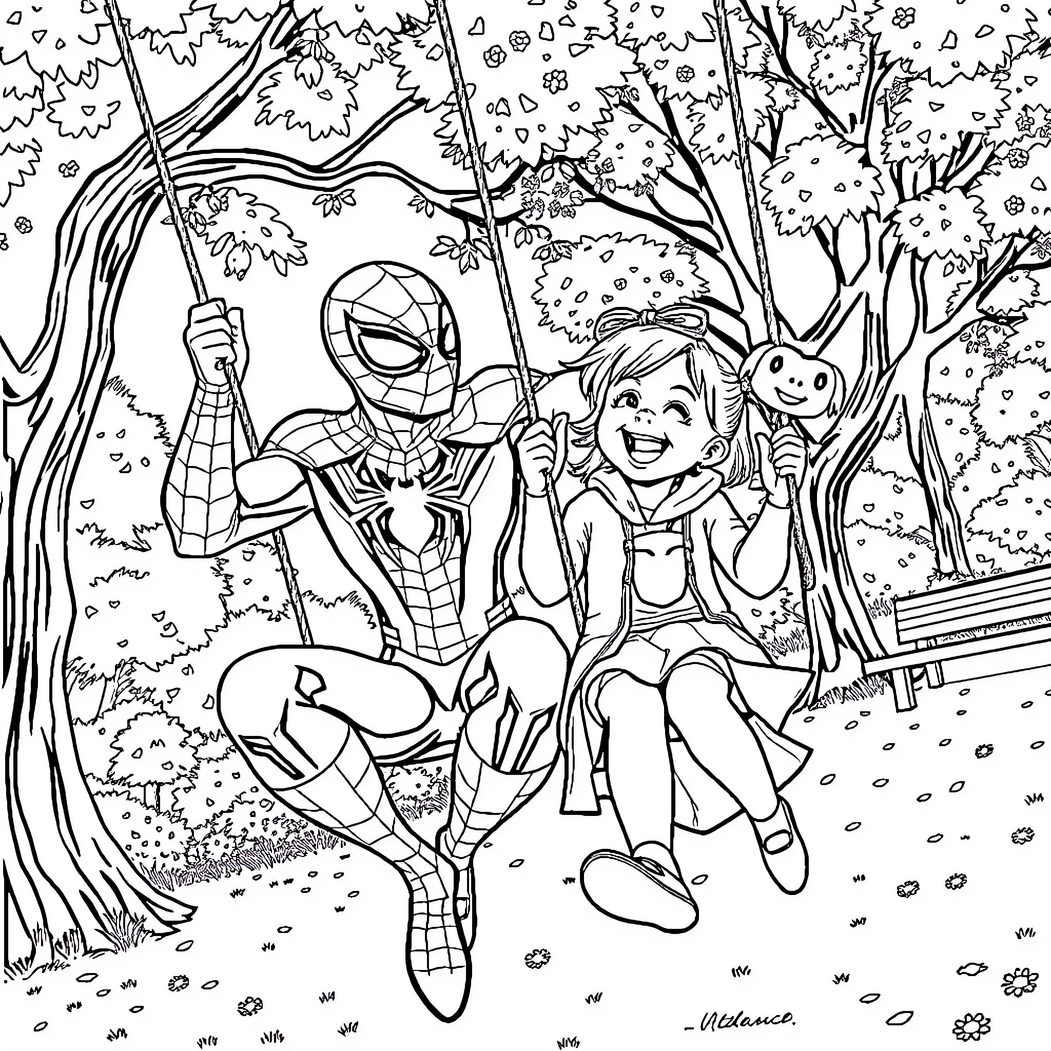 Spiderman and Friends Enjoying Outdoor Adventure Coloring Page (free black-and-white line drawing printable PDF for all, from beginners to advanced learners, including children, teens, adults, and seniors)