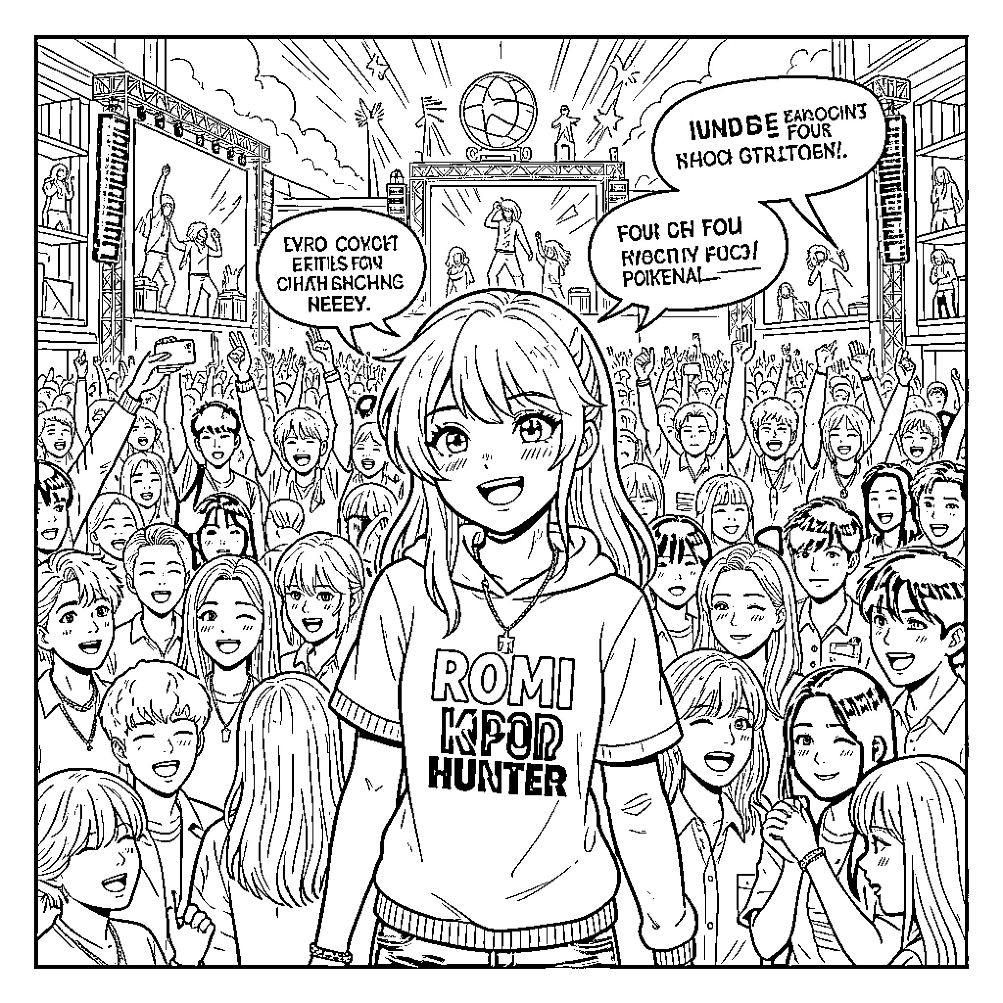 Romi's Exuberant K-pop Fandom Experience Coloring Page (free black-and-white line drawing printable PDF for all, from beginners to advanced learners, including children, teens, adults, and seniors)