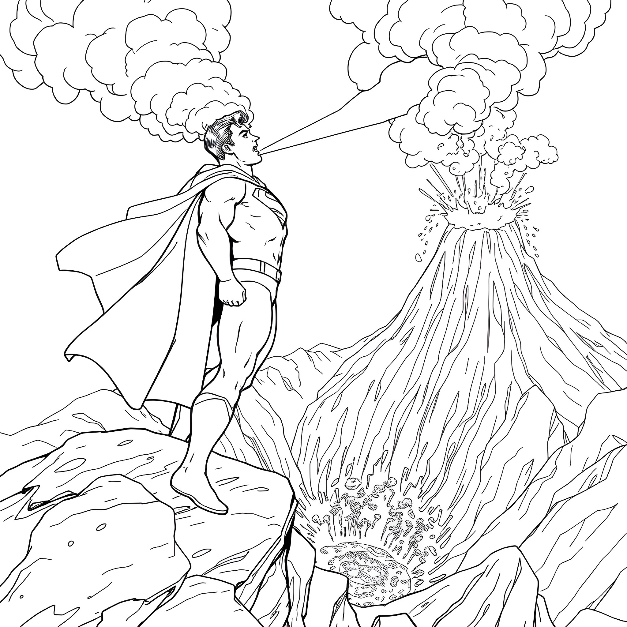 Superman saving the day with powerful abilities Coloring Page (free black-and-white line drawing printable PDF for all, from beginners to advanced learners, including children, teens, adults, and seniors)