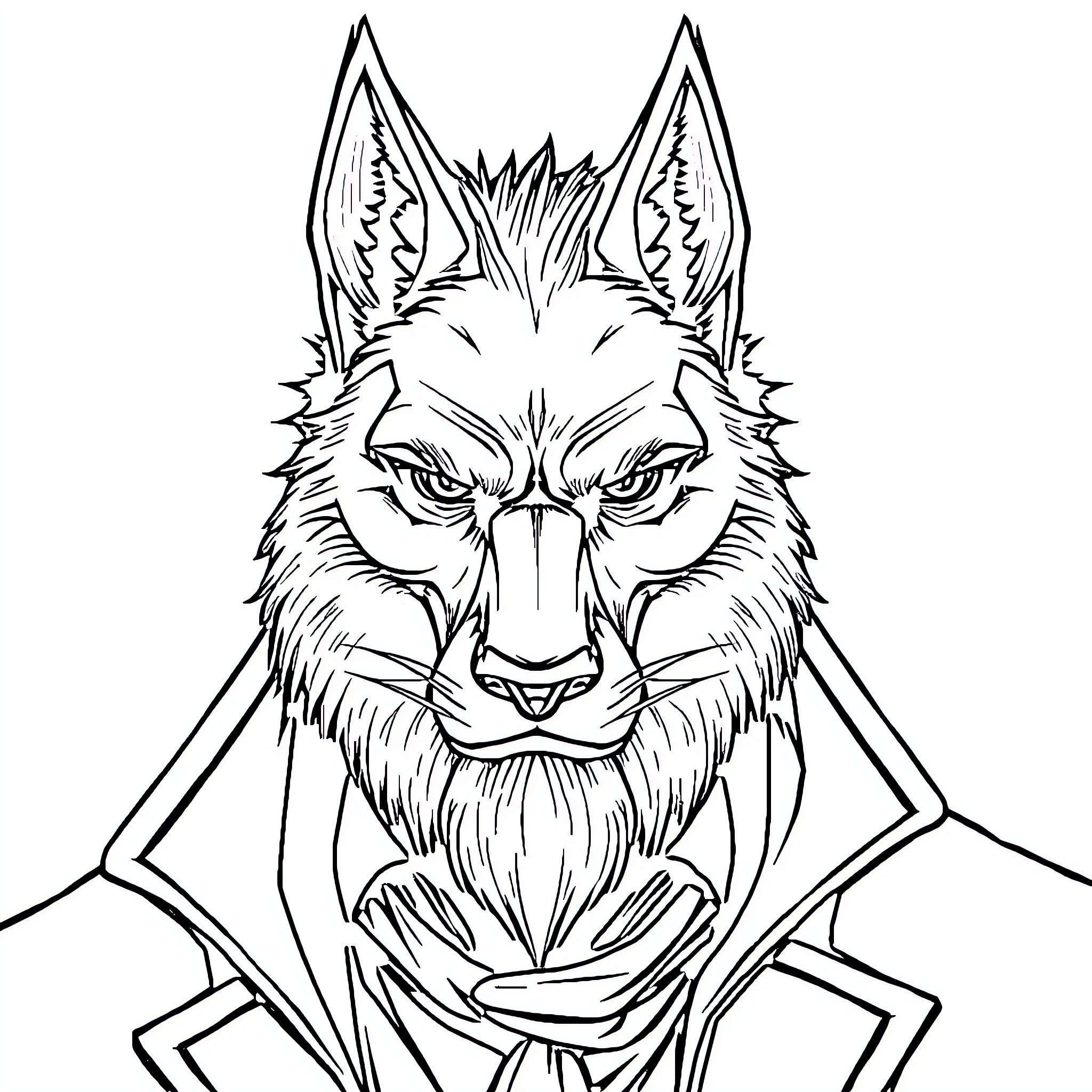 Wolf with bold eyes and fierce expression Coloring Page (free black-and-white line drawing printable PDF for all, from beginners to advanced learners, including children, teens, adults, and seniors)