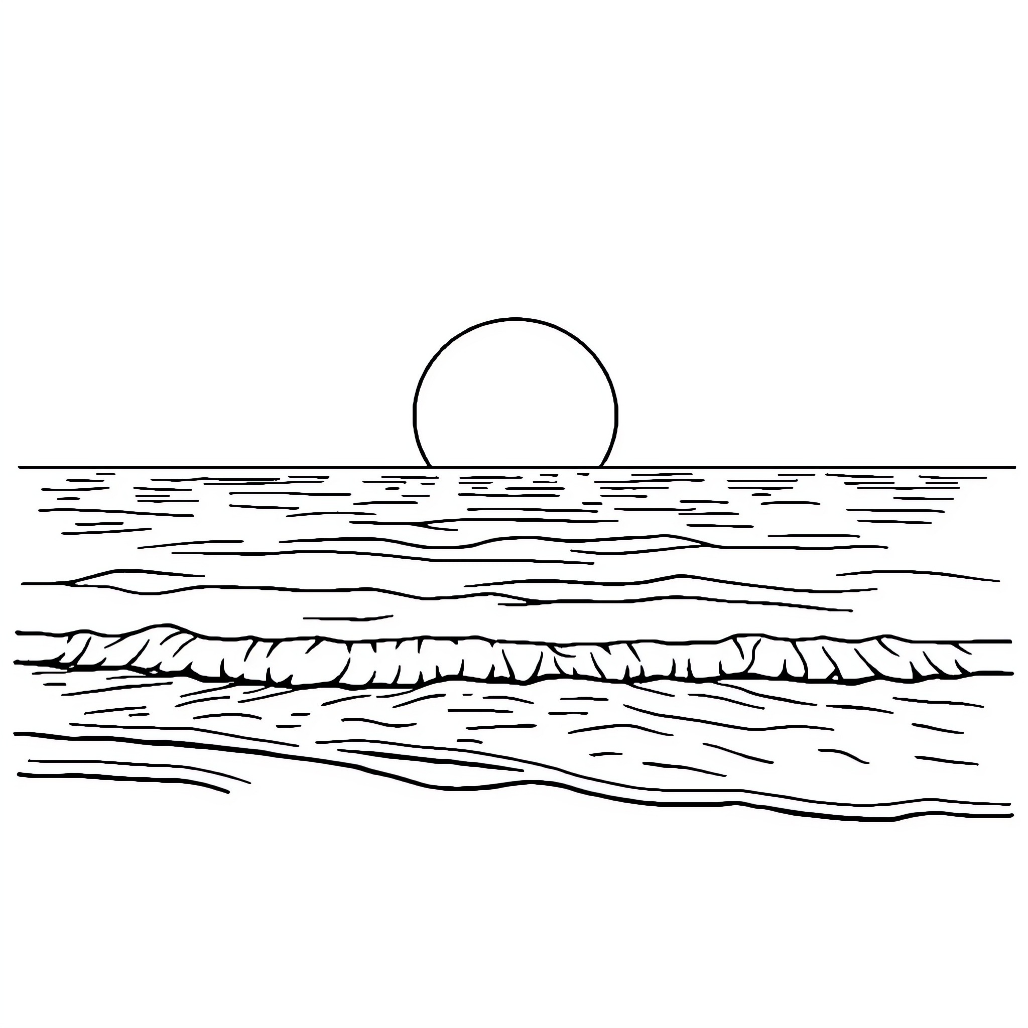 Sun setting over the tranquil ocean waves Coloring Page (free black-and-white line drawing printable PDF for all, from beginners to advanced learners, including children, teens, adults, and seniors)