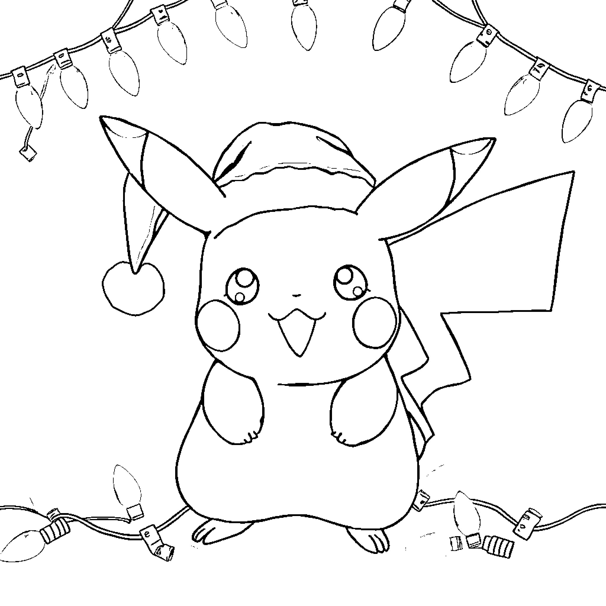 Pikachu enjoying the holiday lights Coloring Page (free black-and-white line drawing printable PDF for all, from beginners to advanced learners, including children, teens, adults, and seniors)