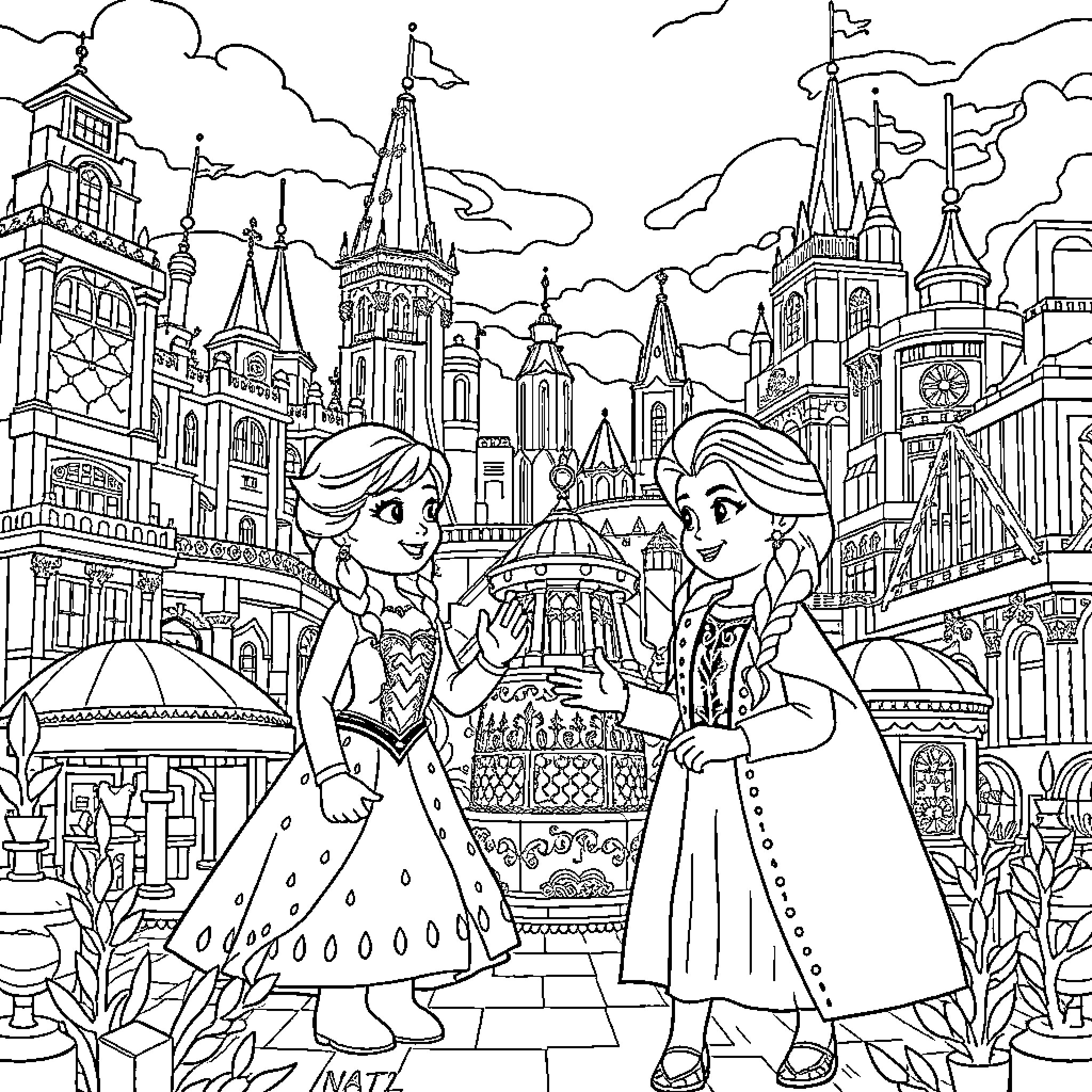 Anna and Elsa explore the enchanted castle town Coloring Page (free black-and-white line drawing printable PDF for all, from beginners to advanced learners, including children, teens, adults, and seniors)