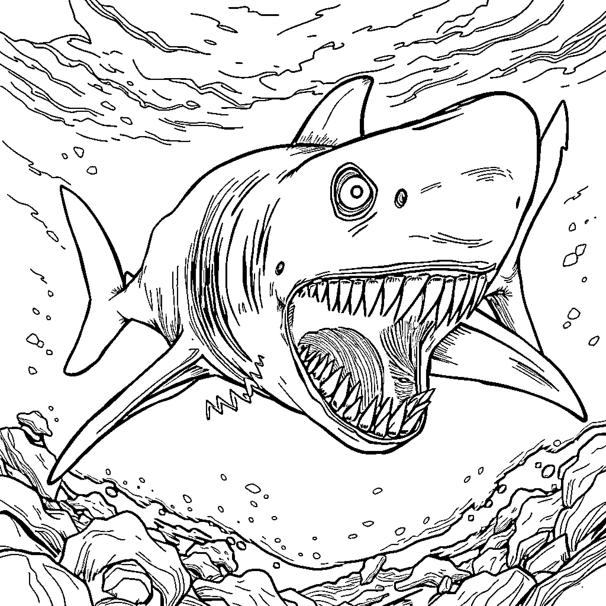 Shark ferociously swimming in the deep sea Coloring Page (free black-and-white line drawing printable PDF for all, from beginners to advanced learners, including children, teens, adults, and seniors)