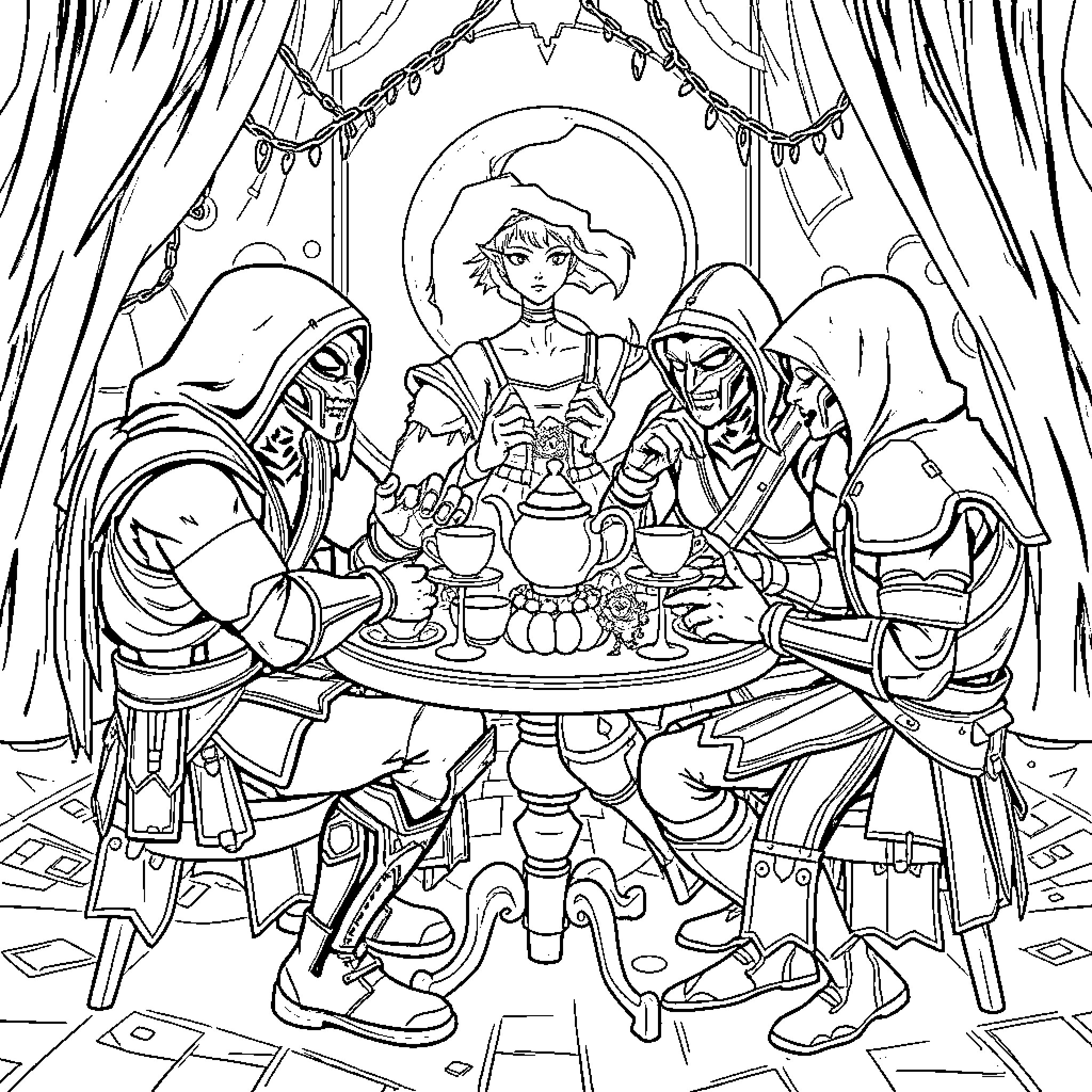 Mortal Combat: Fighters at the Ceremonial Tea Party Coloring Page (free black-and-white line drawing printable PDF for all, from beginners to advanced learners, including children, teens, adults, and seniors)