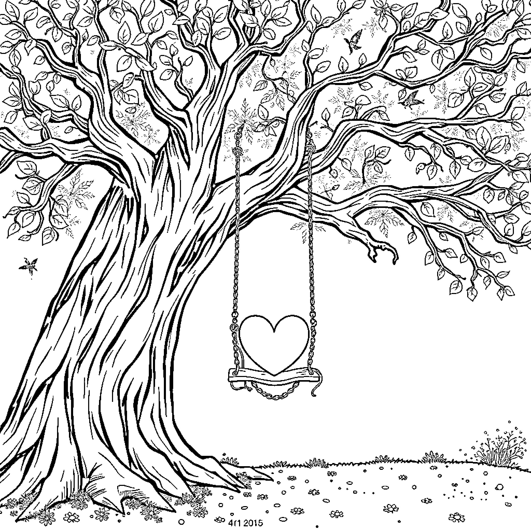 Swing under the Whimsical Tree Coloring Page (free black-and-white line drawing printable PDF for all, from beginners to advanced learners, including children, teens, adults, and seniors)