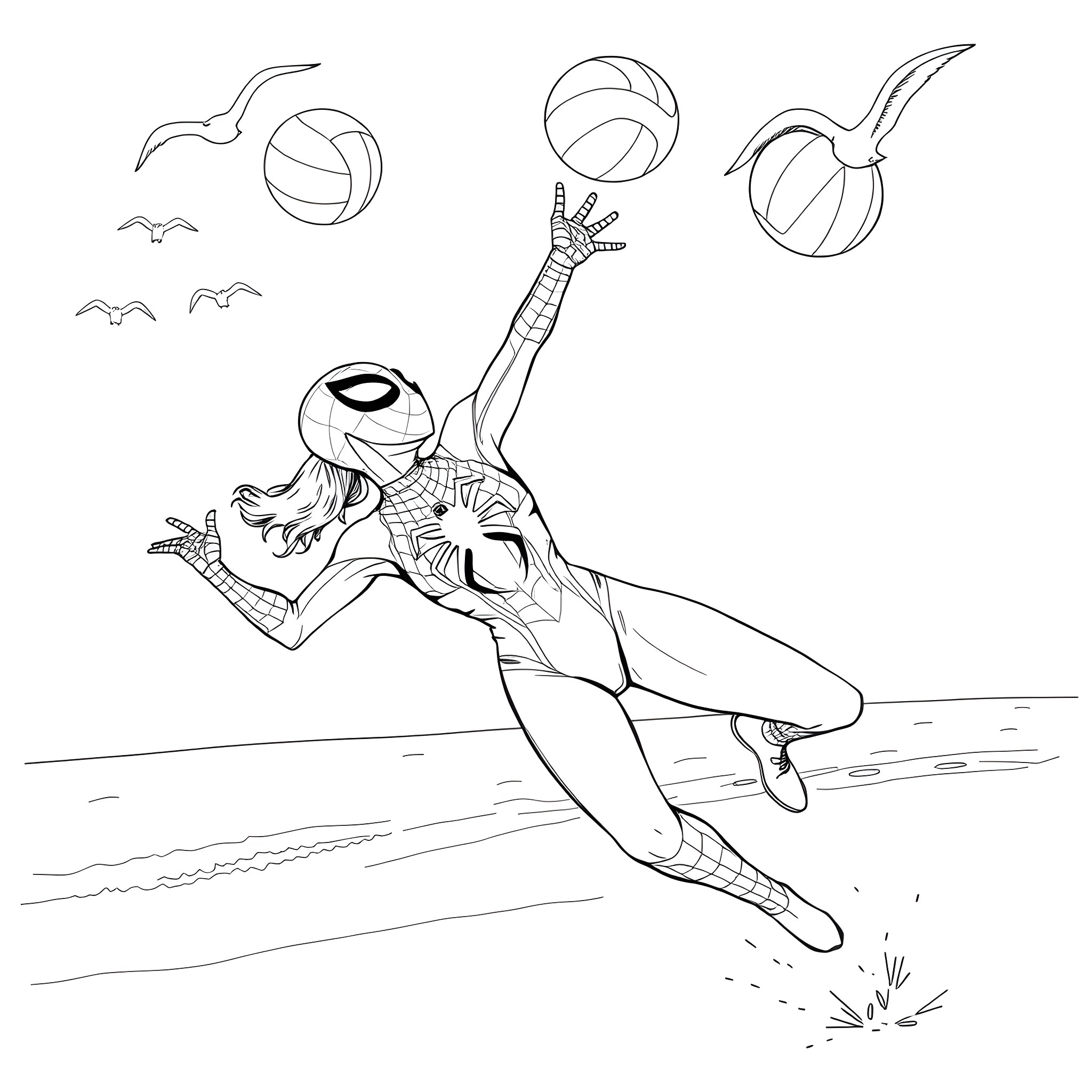 Spiderman playing with beach balls and seagulls Coloring Page (free black-and-white line drawing printable PDF for all, from beginners to advanced learners, including children, teens, adults, and seniors)