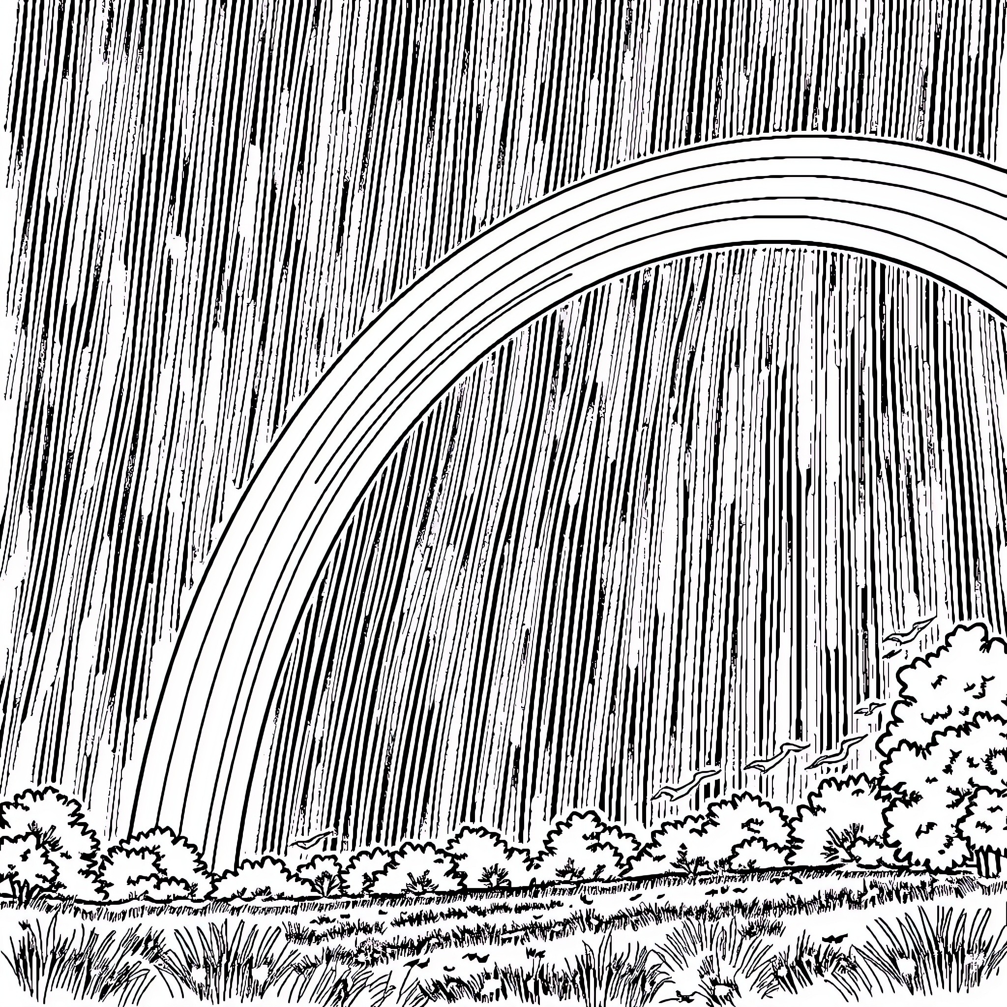 Rainbow Arch Towering Over Lush Landscape Coloring Page (free black-and-white line drawing printable PDF for all, from beginners to advanced learners, including children, teens, adults, and seniors)