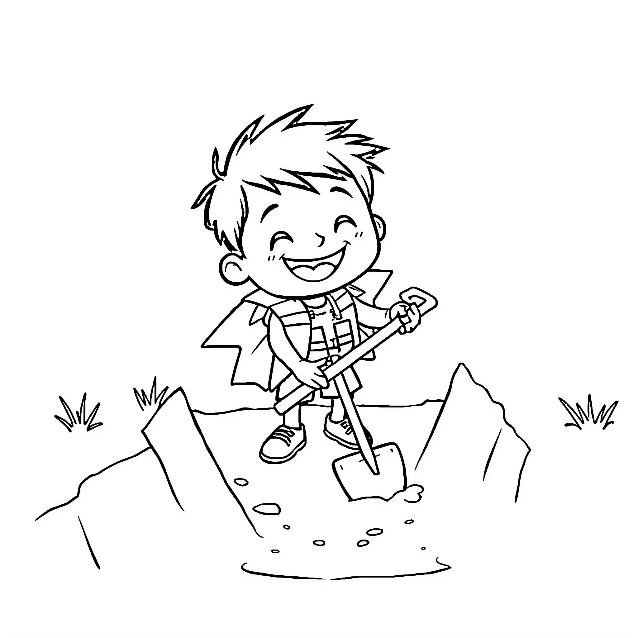 Guy happily digging with a shovel in the mountains Coloring Page (free black-and-white line drawing printable PDF for all, from beginners to advanced learners, including children, teens, adults, and seniors)