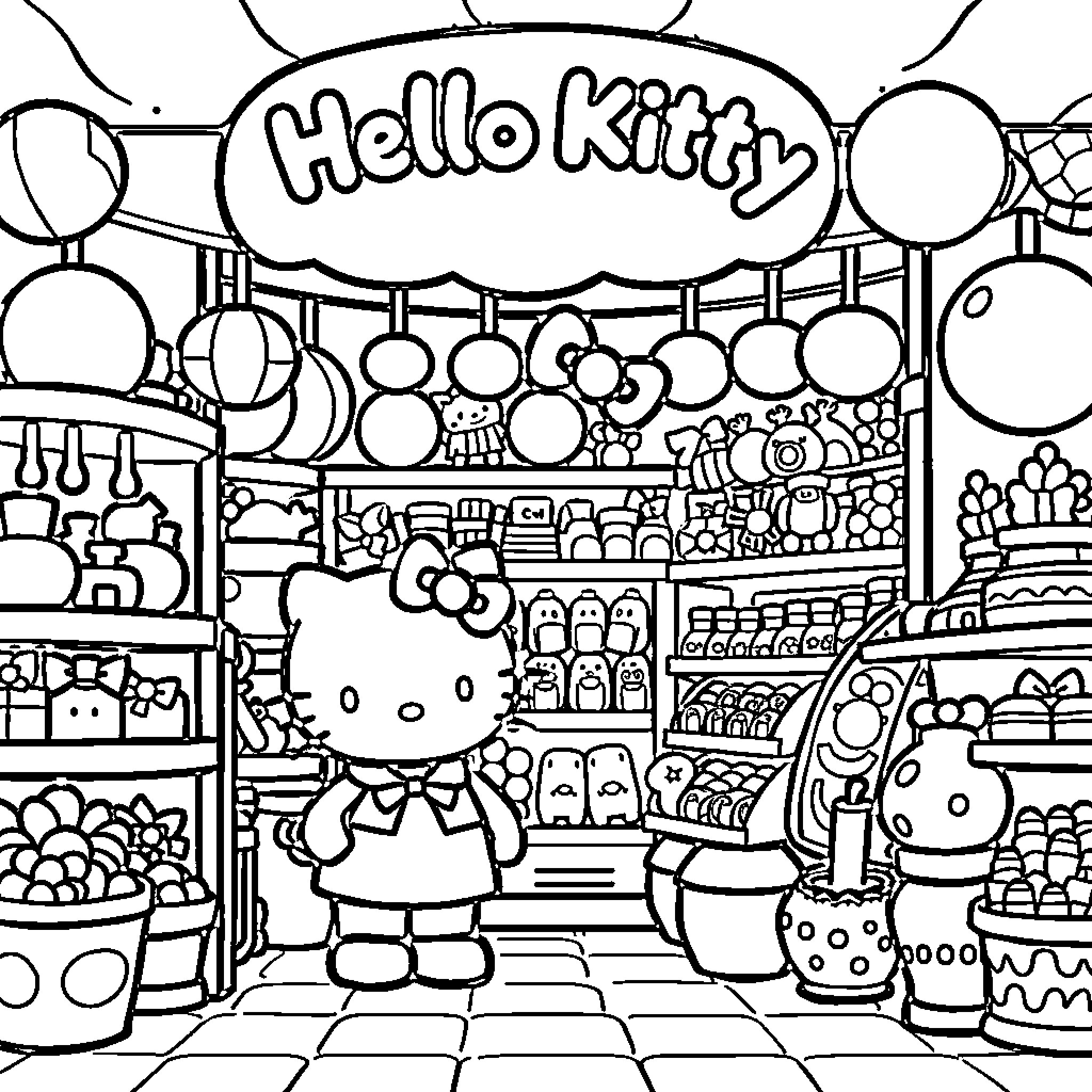 Hello Kitty exploring the whimsical world of toys and treats Coloring Page (free black-and-white line drawing printable PDF for all, from beginners to advanced learners, including children, teens, adults, and seniors)