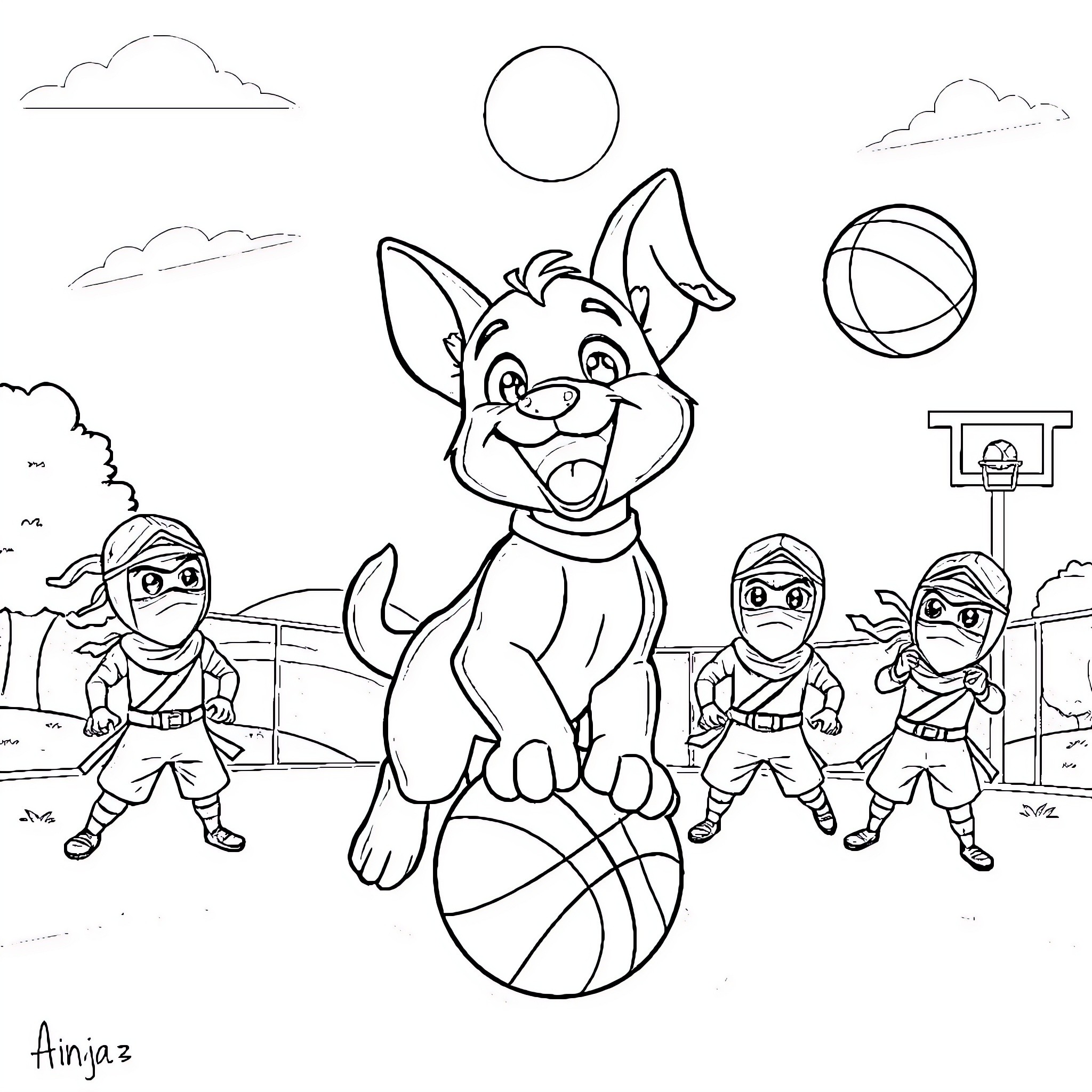 Bluey playing sports with friends in the park Coloring Page (free black-and-white line drawing printable PDF for all, from beginners to advanced learners, including children, teens, adults, and seniors)