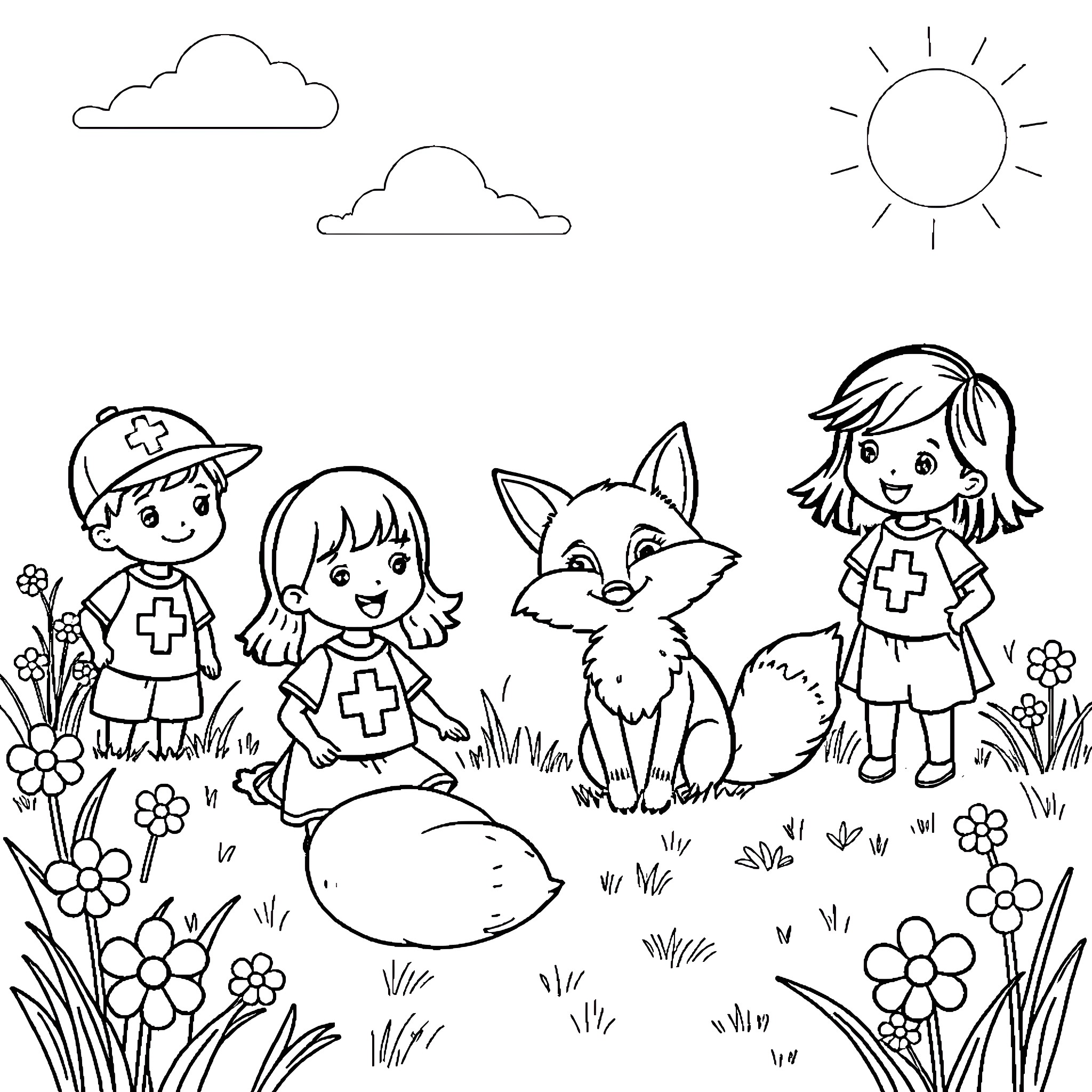 Fox and friends enjoy a sunny outdoor scene Coloring Page (free black-and-white line drawing printable PDF for all, from beginners to advanced learners, including children, teens, adults, and seniors)