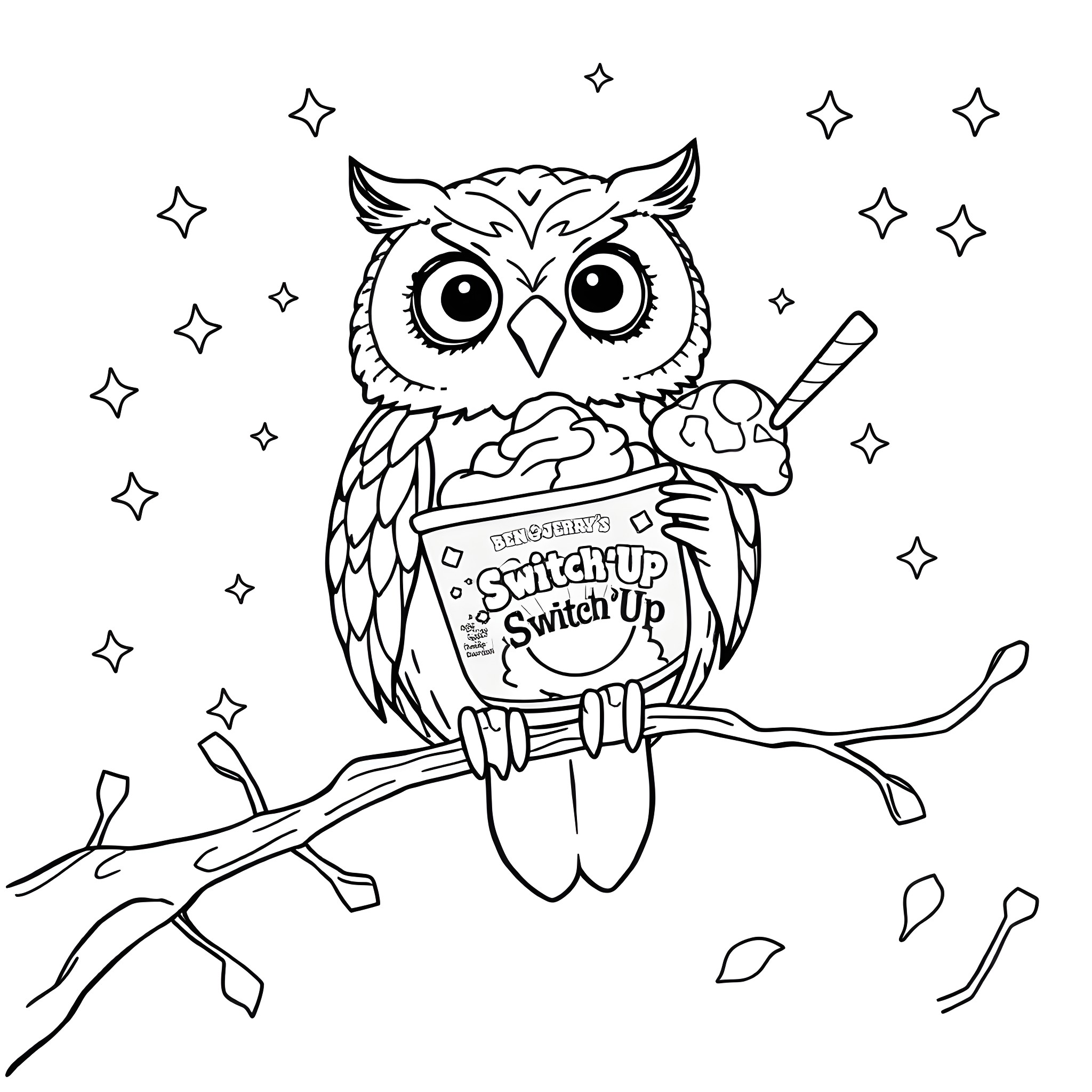 Owl holding Switch Up game controller Coloring Page (free black-and-white line drawing printable PDF for all, from beginners to advanced learners, including children, teens, adults, and seniors)