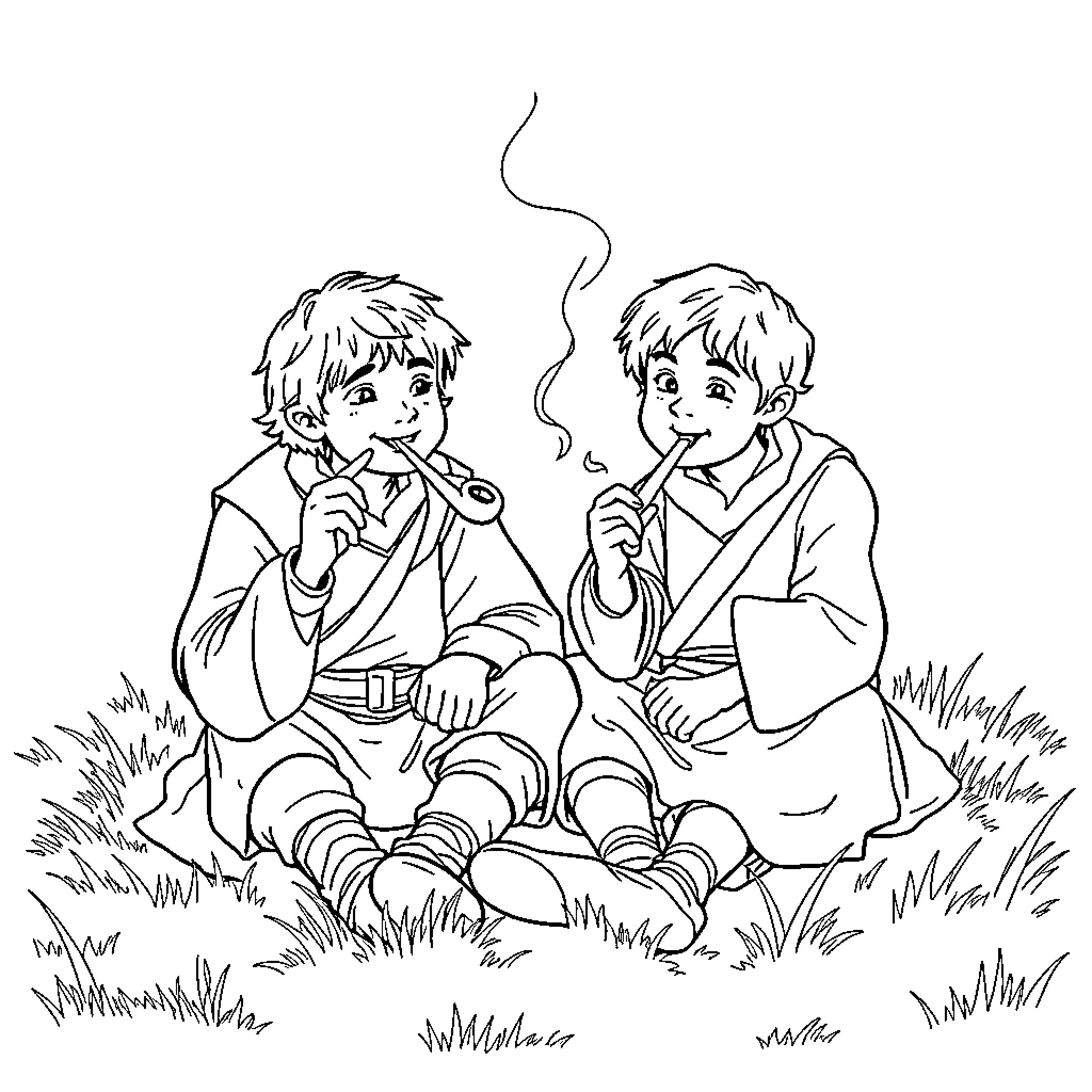 Merry and Pippen relaxing together on the grass Coloring Page (free black-and-white line drawing printable PDF for all, from beginners to advanced learners, including children, teens, adults, and seniors)