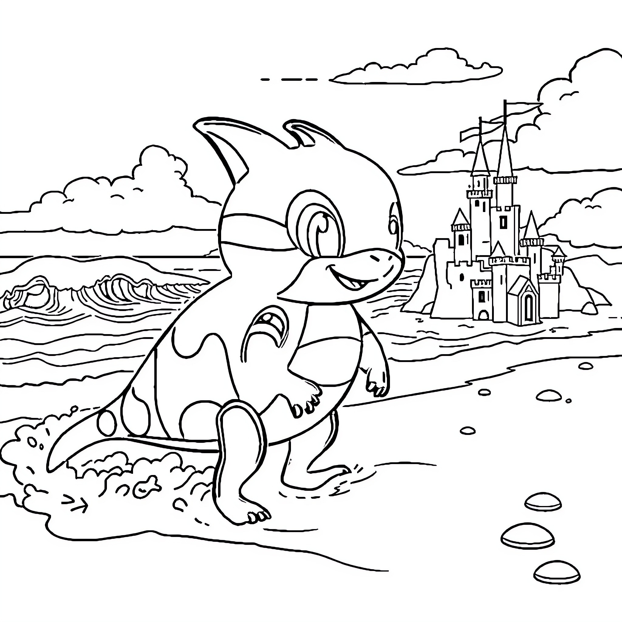 Pat Patrol exploring the castle by the sea Coloring Page (free black-and-white line drawing printable PDF for all, from beginners to advanced learners, including children, teens, adults, and seniors)