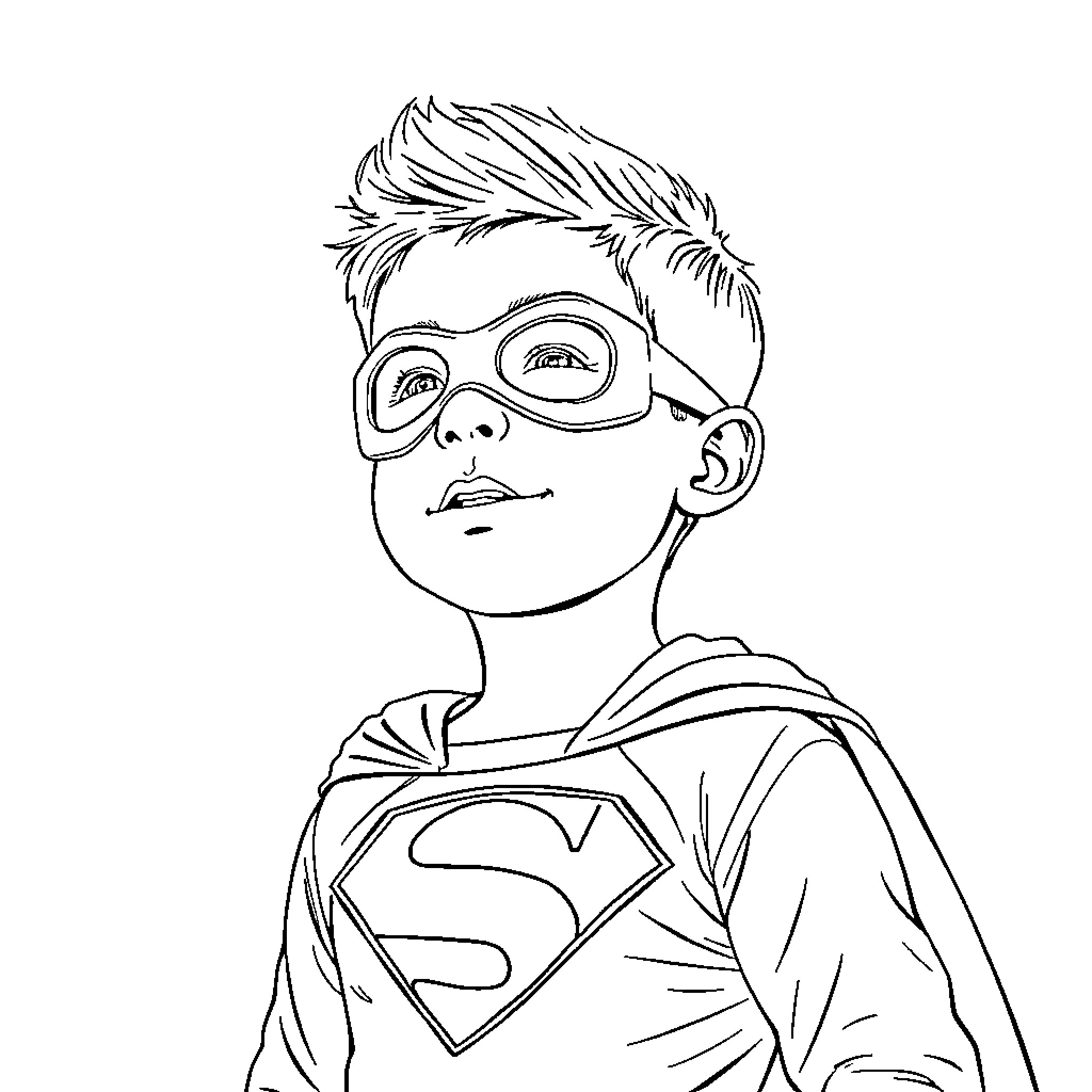 Superhero Boy in Mask and Costume Coloring Page (free black-and-white line drawing printable PDF for all, from beginners to advanced learners, including children, teens, adults, and seniors)
