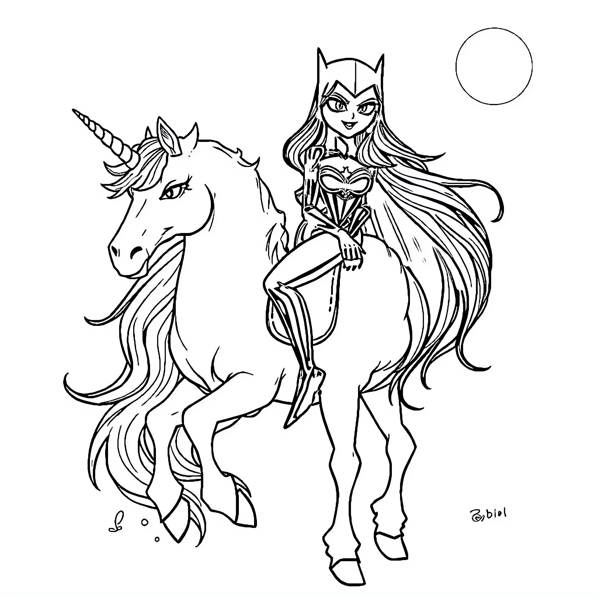 Raven riding a majestic unicorn in the moonlight Coloring Page (free black-and-white line drawing printable PDF for all, from beginners to advanced learners, including children, teens, adults, and seniors)