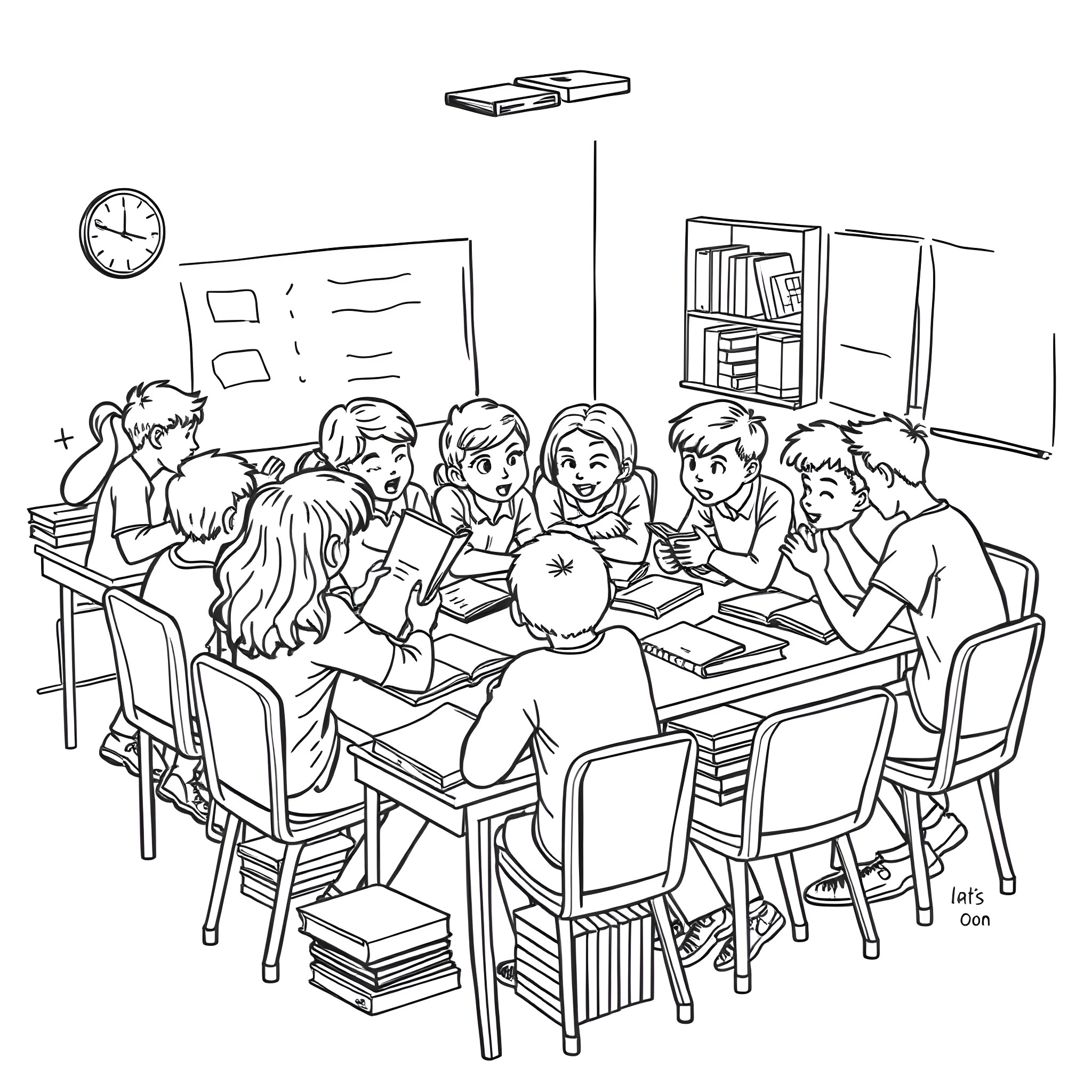 Students collaborating and studying together in the classroom Coloring Page (free black-and-white line drawing printable PDF for all, from beginners to advanced learners, including children, teens, adults, and seniors)