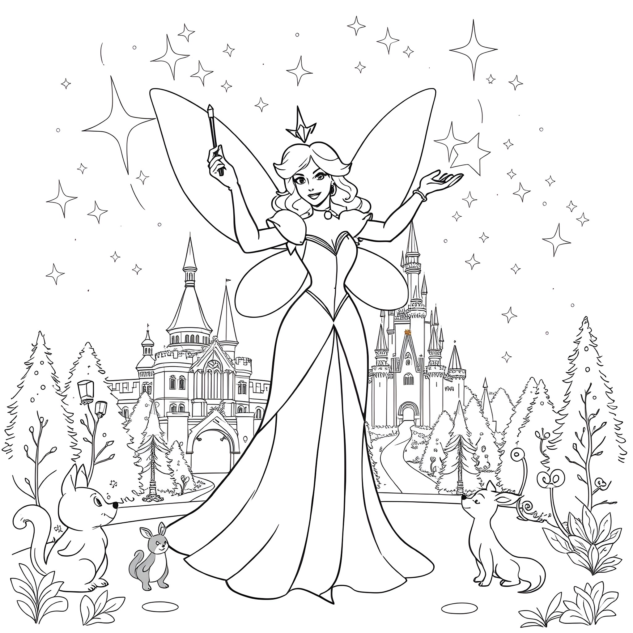 Fairy Godmother casting magic in a whimsical fantasy scene Coloring Page (free black-and-white line drawing printable PDF for all, from beginners to advanced learners, including children, teens, adults, and seniors)