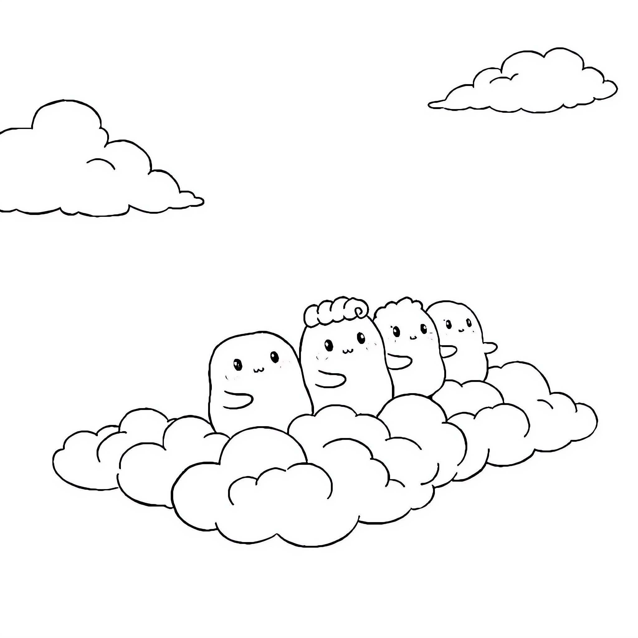 Squishmallow characters playing in the clouds Coloring Page (free black-and-white line drawing printable PDF for all, from beginners to advanced learners, including children, teens, adults, and seniors)