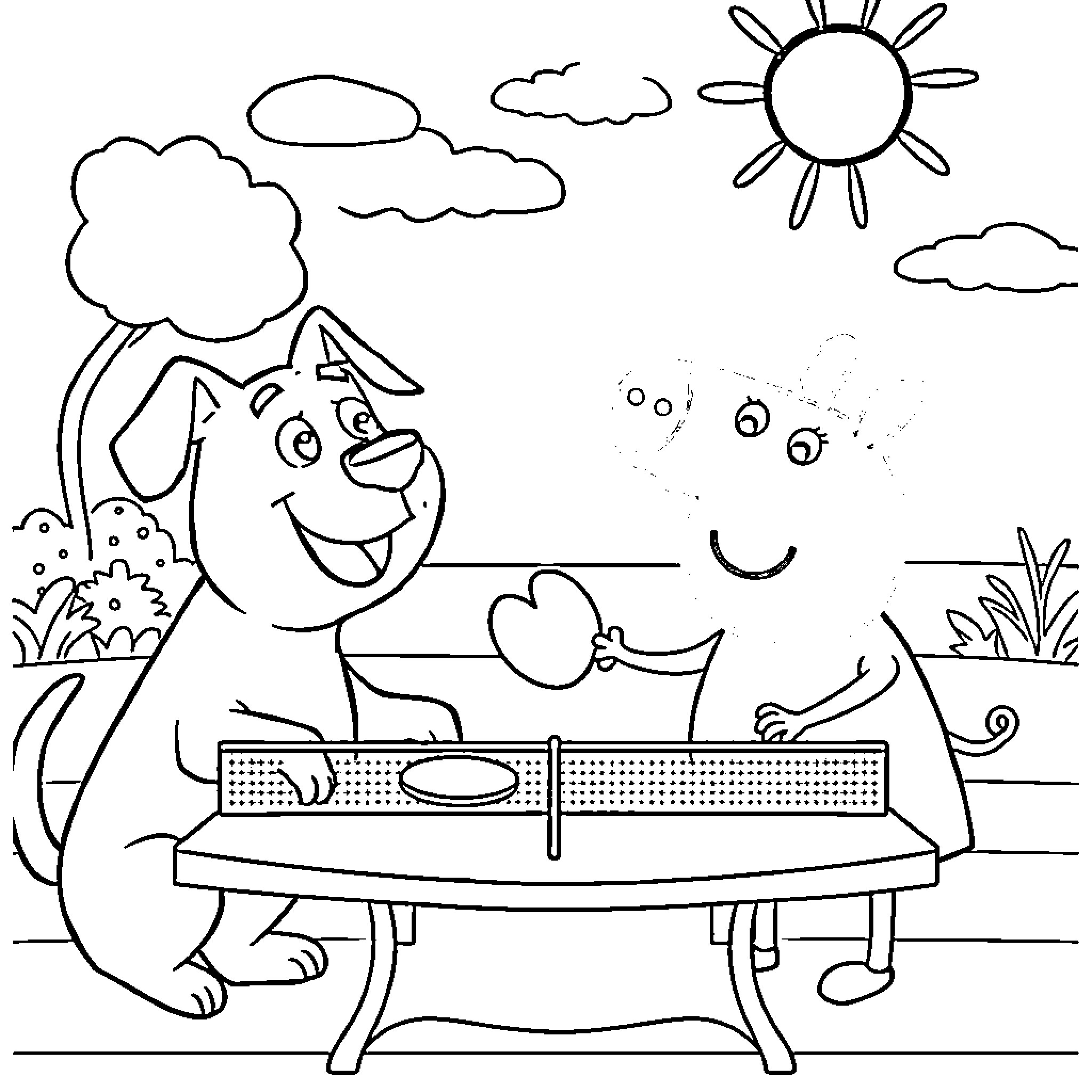 Dog playing with puppy on picnic table Coloring Page (free black-and-white line drawing printable PDF for all, from beginners to advanced learners, including children, teens, adults, and seniors)