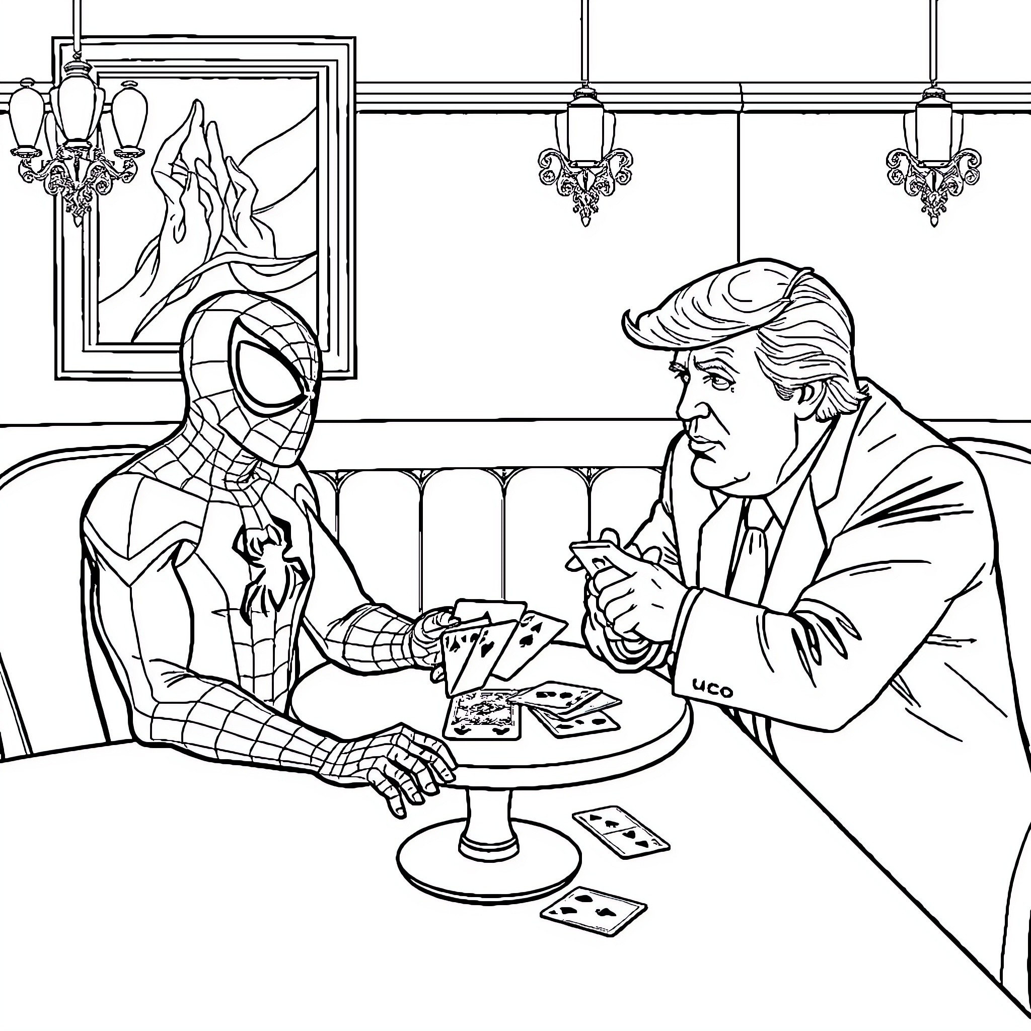 Spiderman meeting with a businessman in an office Coloring Page (free black-and-white line drawing printable PDF for all, from beginners to advanced learners, including children, teens, adults, and seniors)