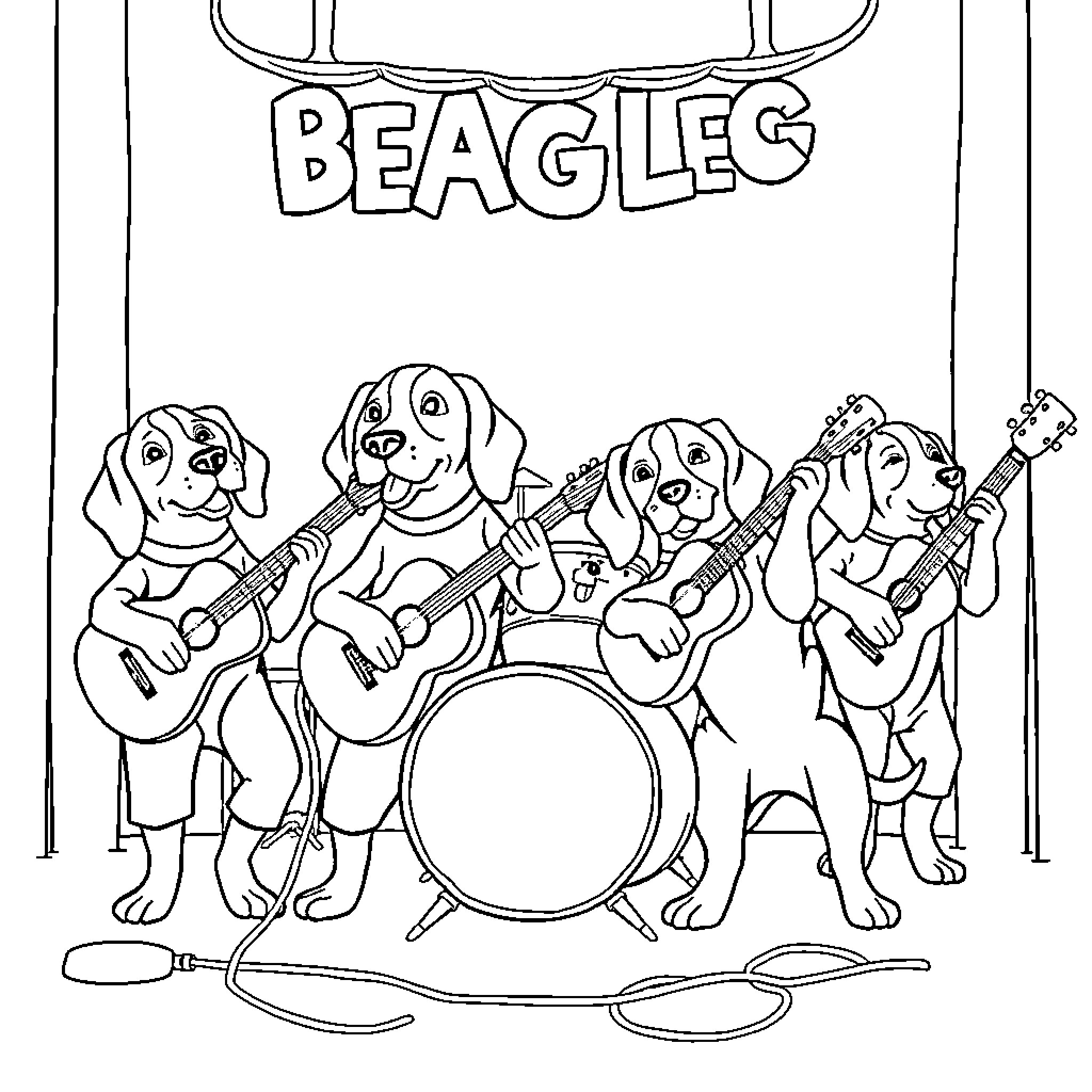 Beagle band performing on stage with musical instruments Coloring Page (free black-and-white line drawing printable PDF for all, from beginners to advanced learners, including children, teens, adults, and seniors)