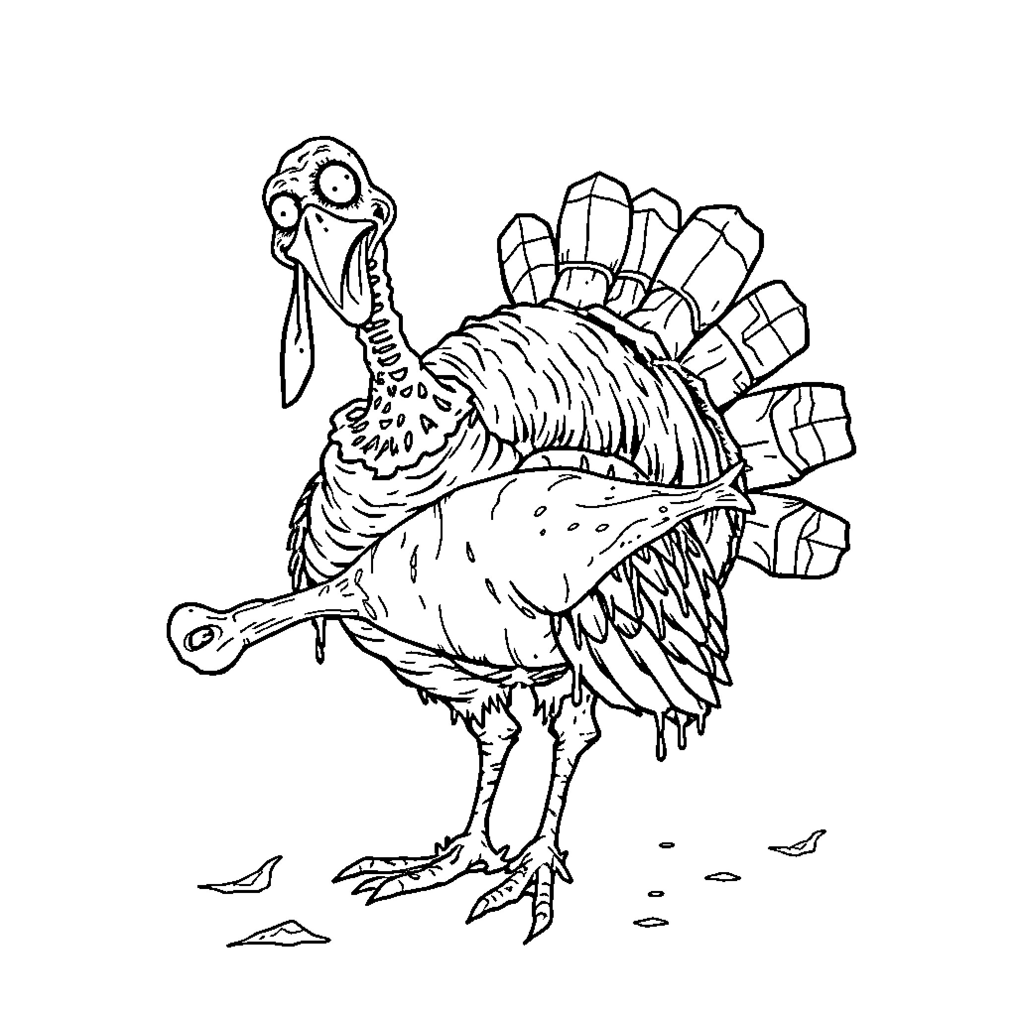 Zombie Turkey Wreaking Havoc Coloring Page (free black-and-white line drawing printable PDF for all, from beginners to advanced learners, including children, teens, adults, and seniors)