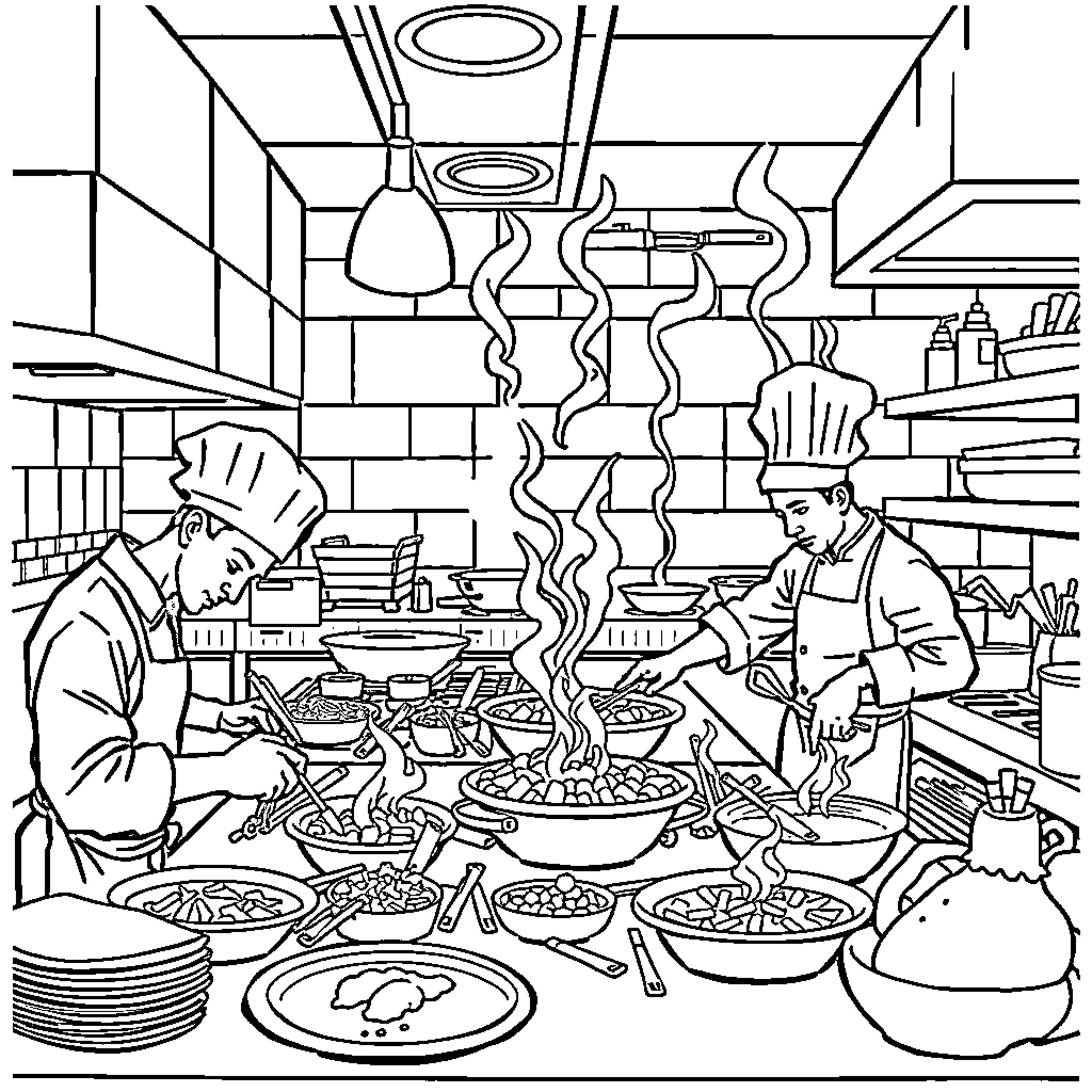 Cuisine: Chefs Preparing Delicious Meals in Kitchen Coloring Page (free black-and-white line drawing printable PDF for all, from beginners to advanced learners, including children, teens, adults, and seniors)