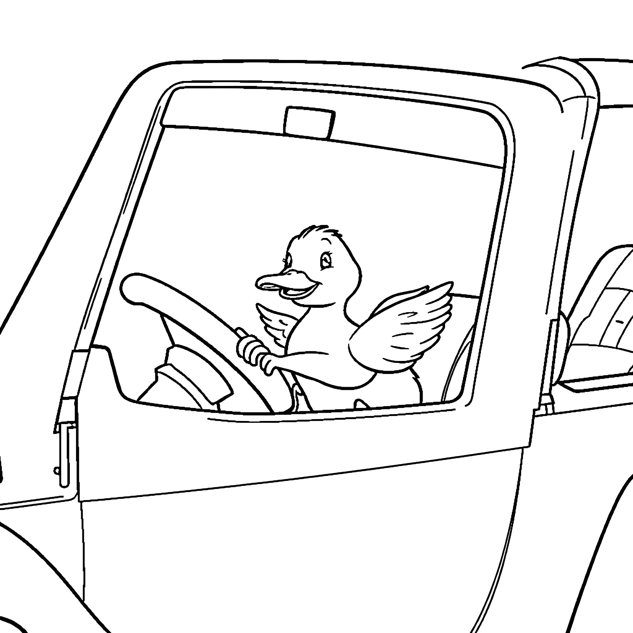 Duck driving a vehicle happily Coloring Page (free black-and-white line drawing printable PDF for all, from beginners to advanced learners, including children, teens, adults, and seniors)