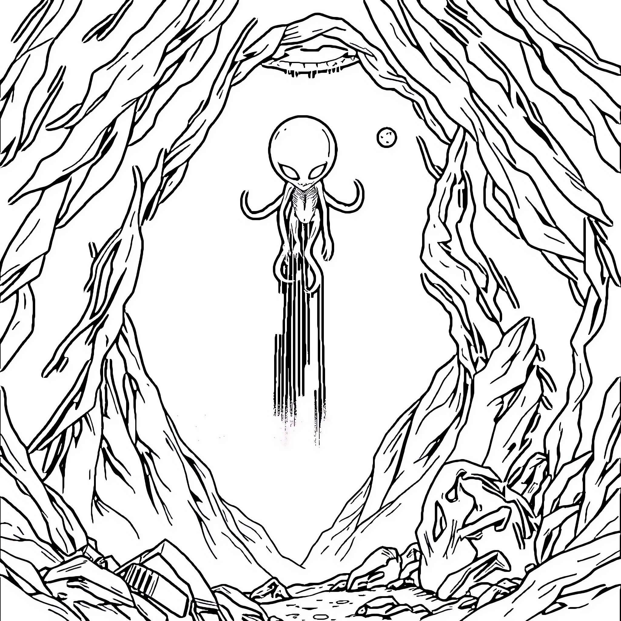Alien Entity Emerging from Cosmic Cavern Coloring Page (free black-and-white line drawing printable PDF for all, from beginners to advanced learners, including children, teens, adults, and seniors)