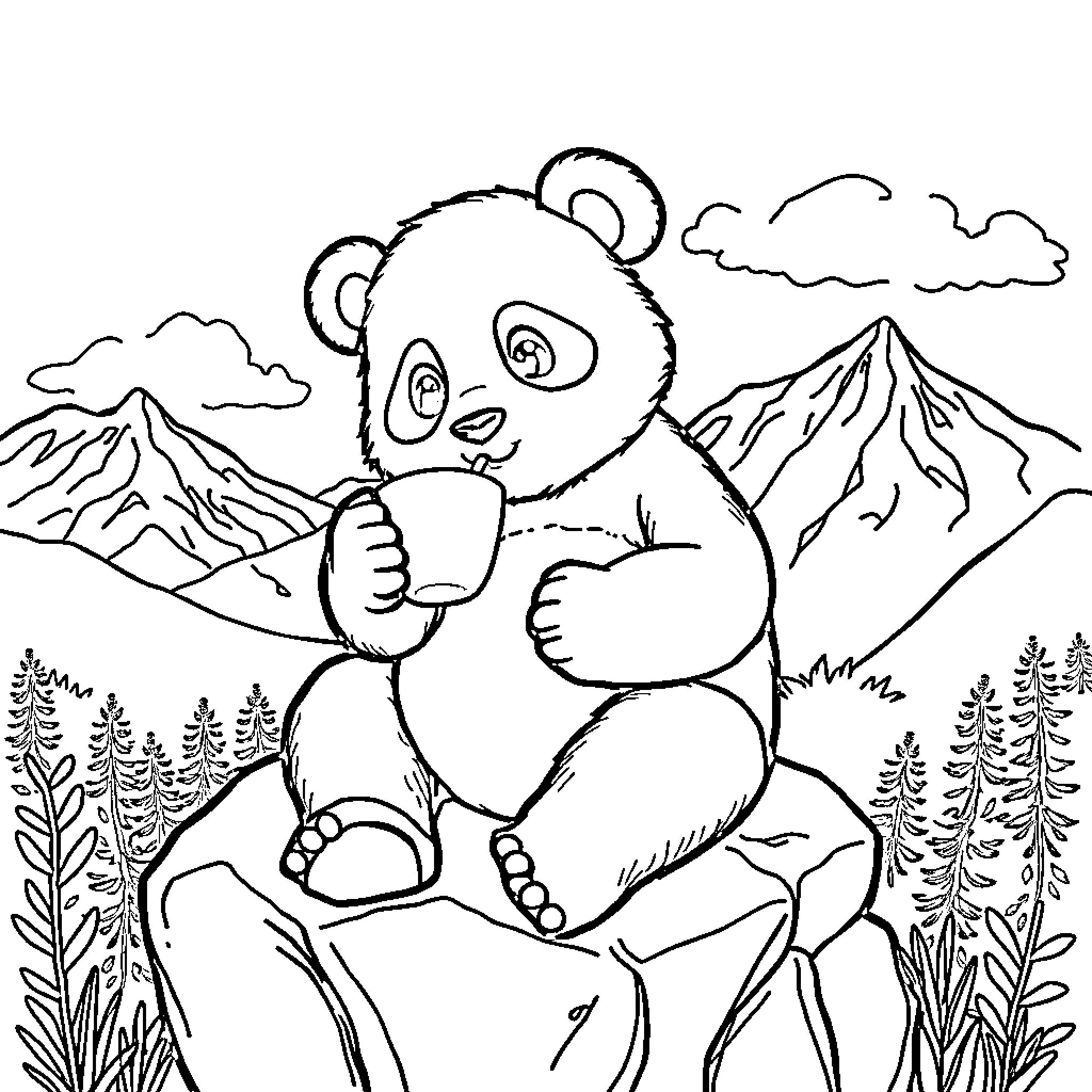 Panda Sitting Peacefully in the Mountains Coloring Page (free black-and-white line drawing printable PDF for all, from beginners to advanced learners, including children, teens, adults, and seniors)