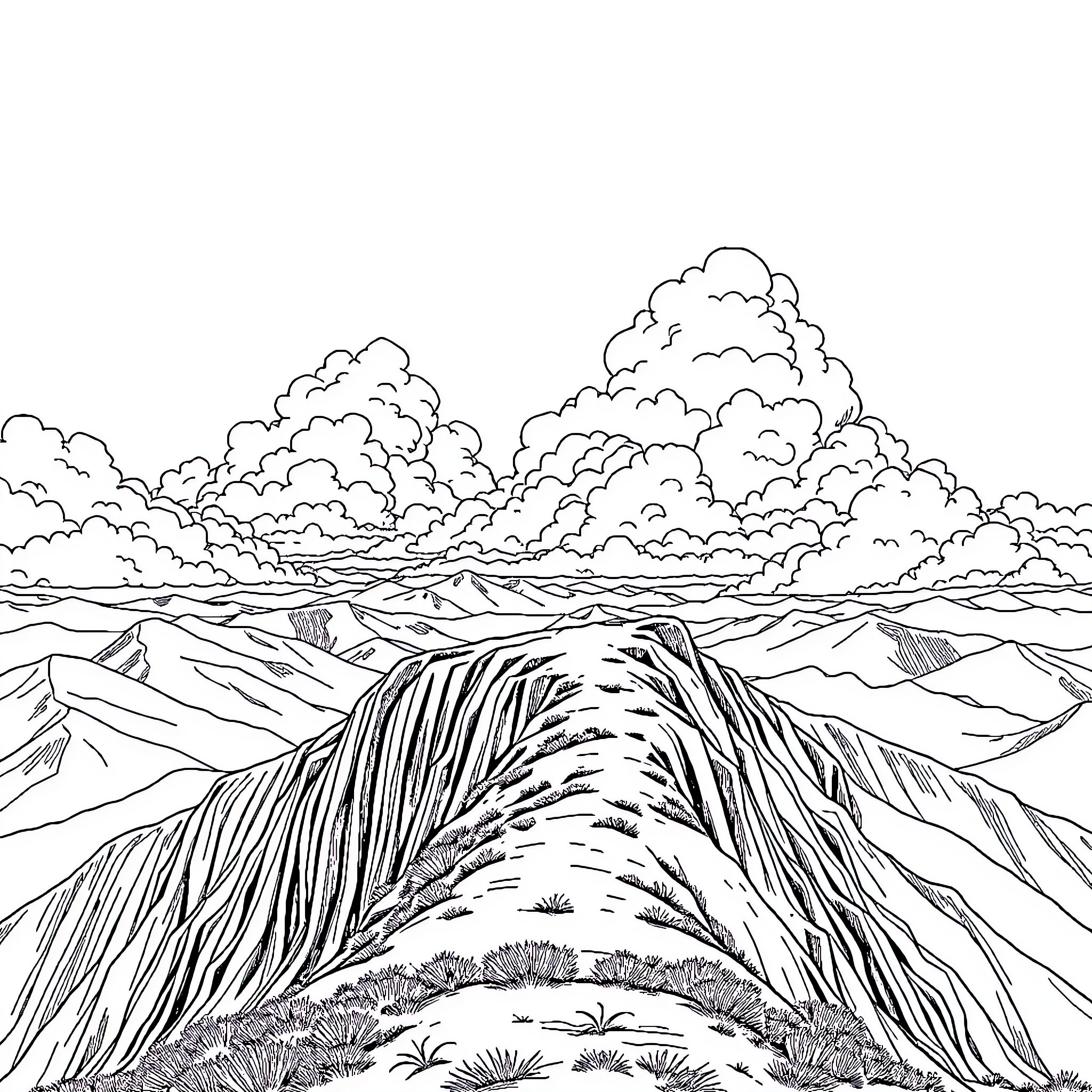 Owl's serene journey through majestic mountain landscapes Coloring Page (free black-and-white line drawing printable PDF for all, from beginners to advanced learners, including children, teens, adults, and seniors)
