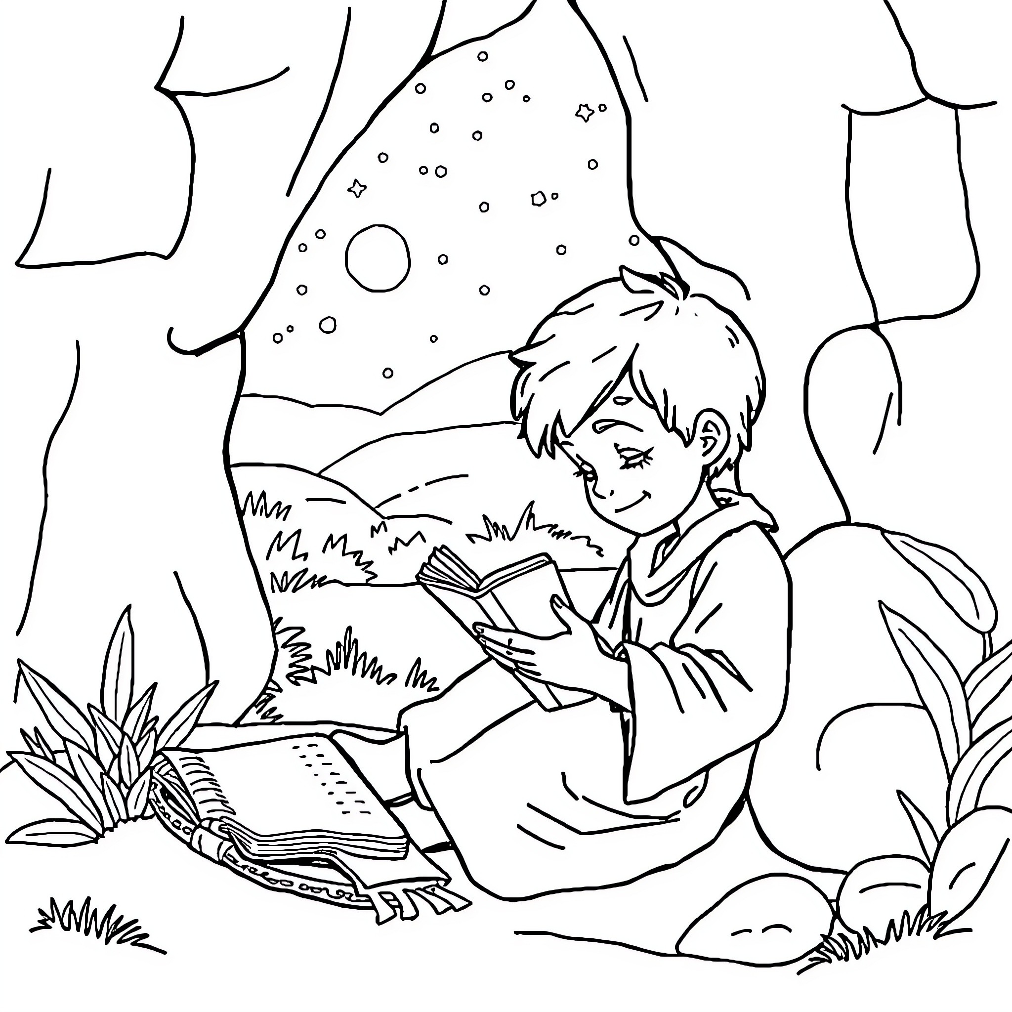 Child reading a book in nature Coloring Page (free black-and-white line drawing printable PDF for all, from beginners to advanced learners, including children, teens, adults, and seniors)