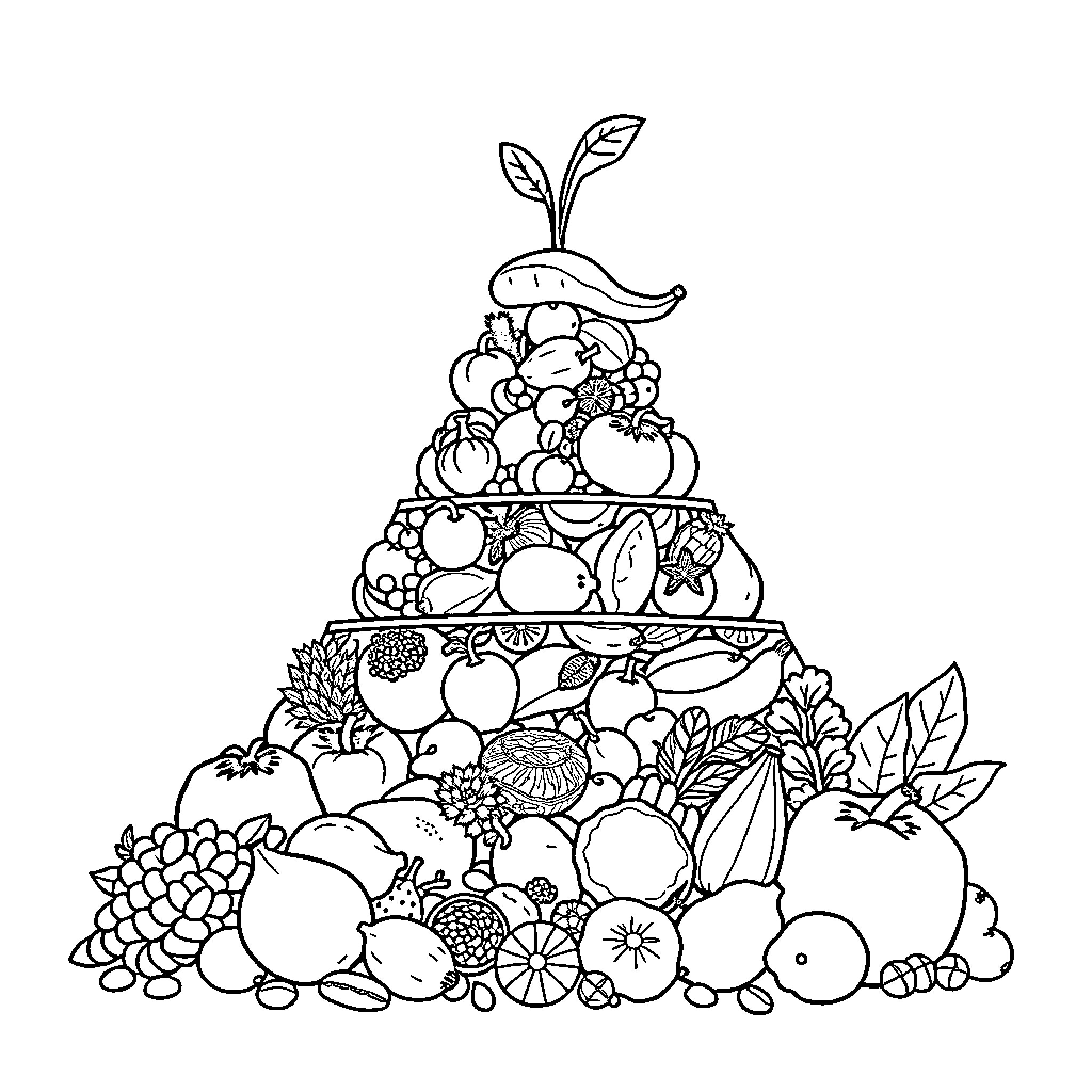 Mediterranean Diet Pyramid with Diverse Fruits and Vegetables Coloring Page (free black-and-white line drawing printable PDF for all, from beginners to advanced learners, including children, teens, adults, and seniors)