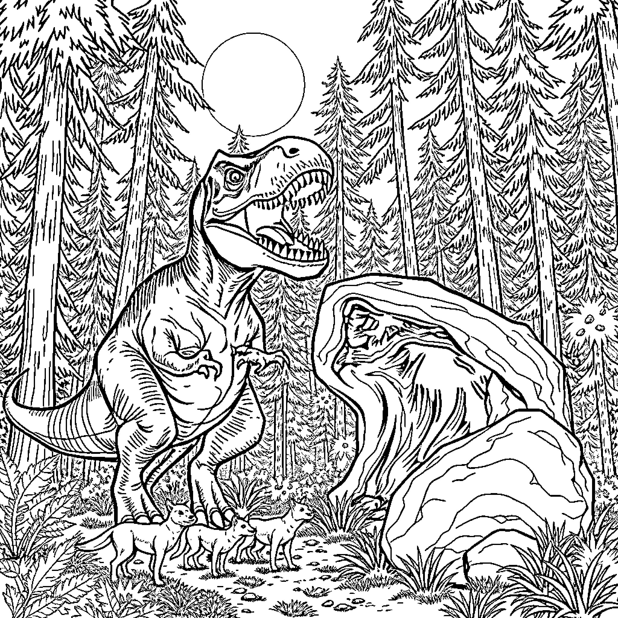 T-Rex Stalks Prey in Eerie Moonlit Forest Coloring Page (free black-and-white line drawing printable PDF for all, from beginners to advanced learners, including children, teens, adults, and seniors)
