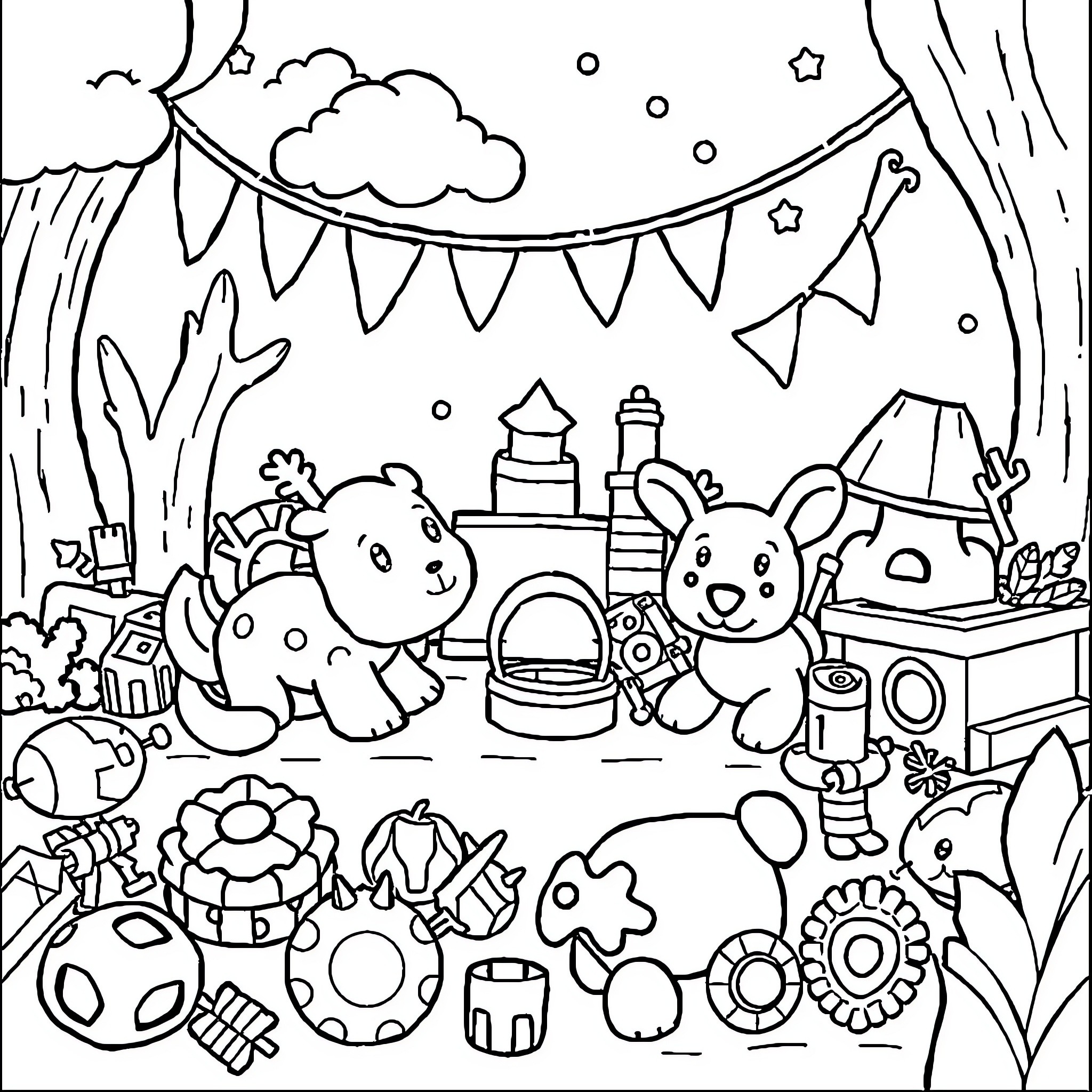 Kids Playing with Toys and Decorations Coloring Page (free black-and-white line drawing printable PDF for all, from beginners to advanced learners, including children, teens, adults, and seniors)