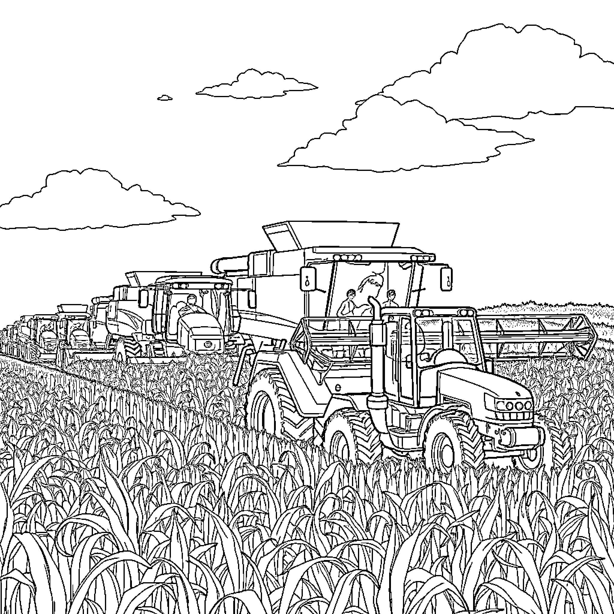 Tractors working in the farm field Coloring Page (free black-and-white line drawing printable PDF for all, from beginners to advanced learners, including children, teens, adults, and seniors)