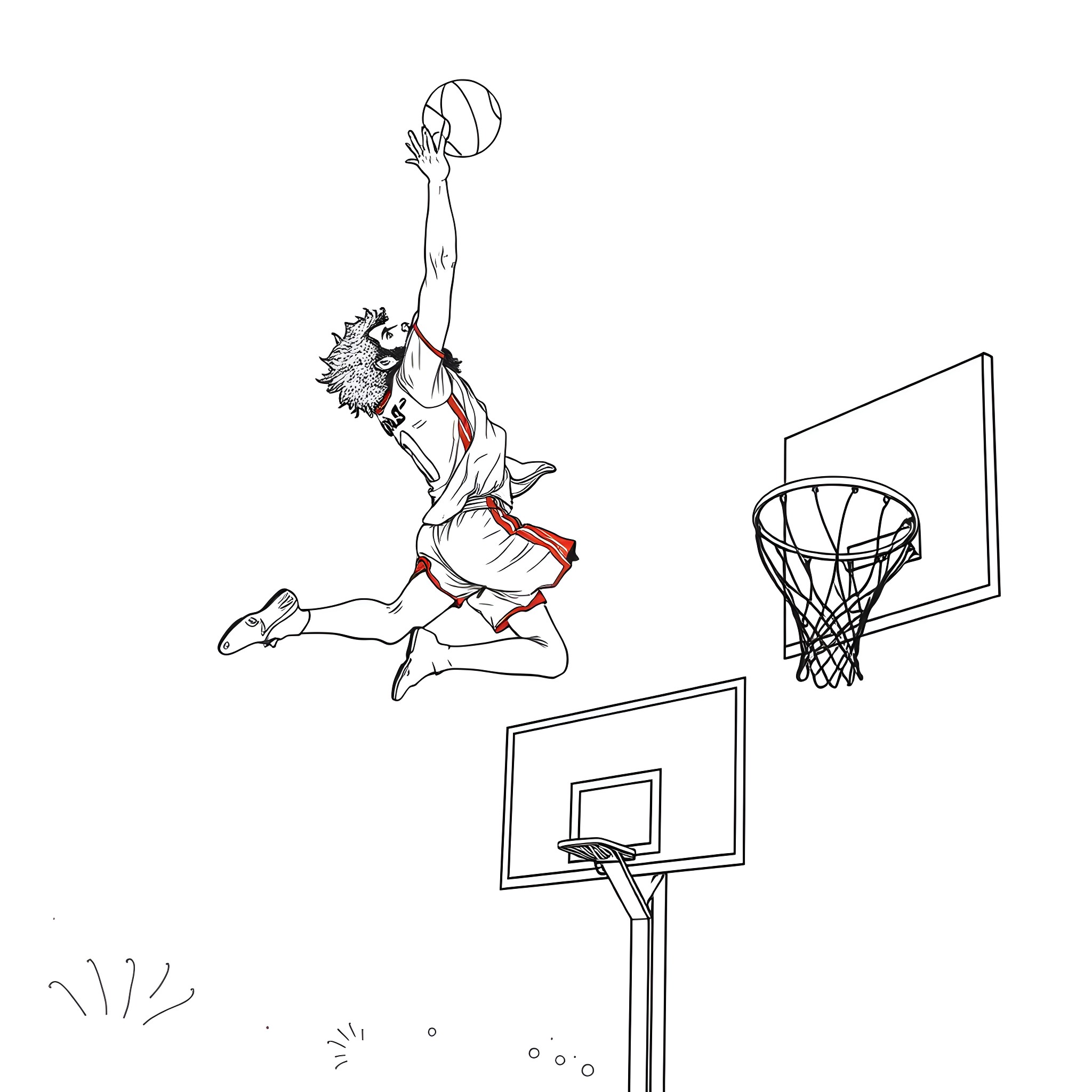 Mohamed Salah dunking a basketball with intensity Coloring Page (free black-and-white line drawing printable PDF for all, from beginners to advanced learners, including children, teens, adults, and seniors)