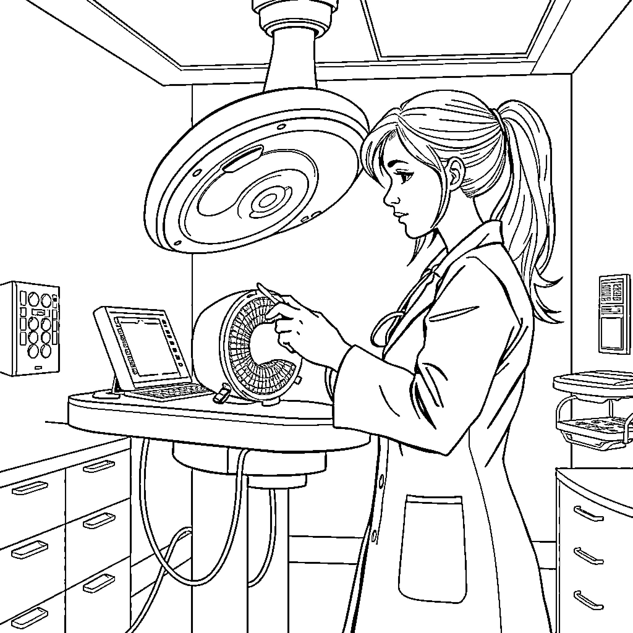 Doctor attending to medical equipment in examination room Coloring Page (free black-and-white line drawing printable PDF for all, from beginners to advanced learners, including children, teens, adults, and seniors)