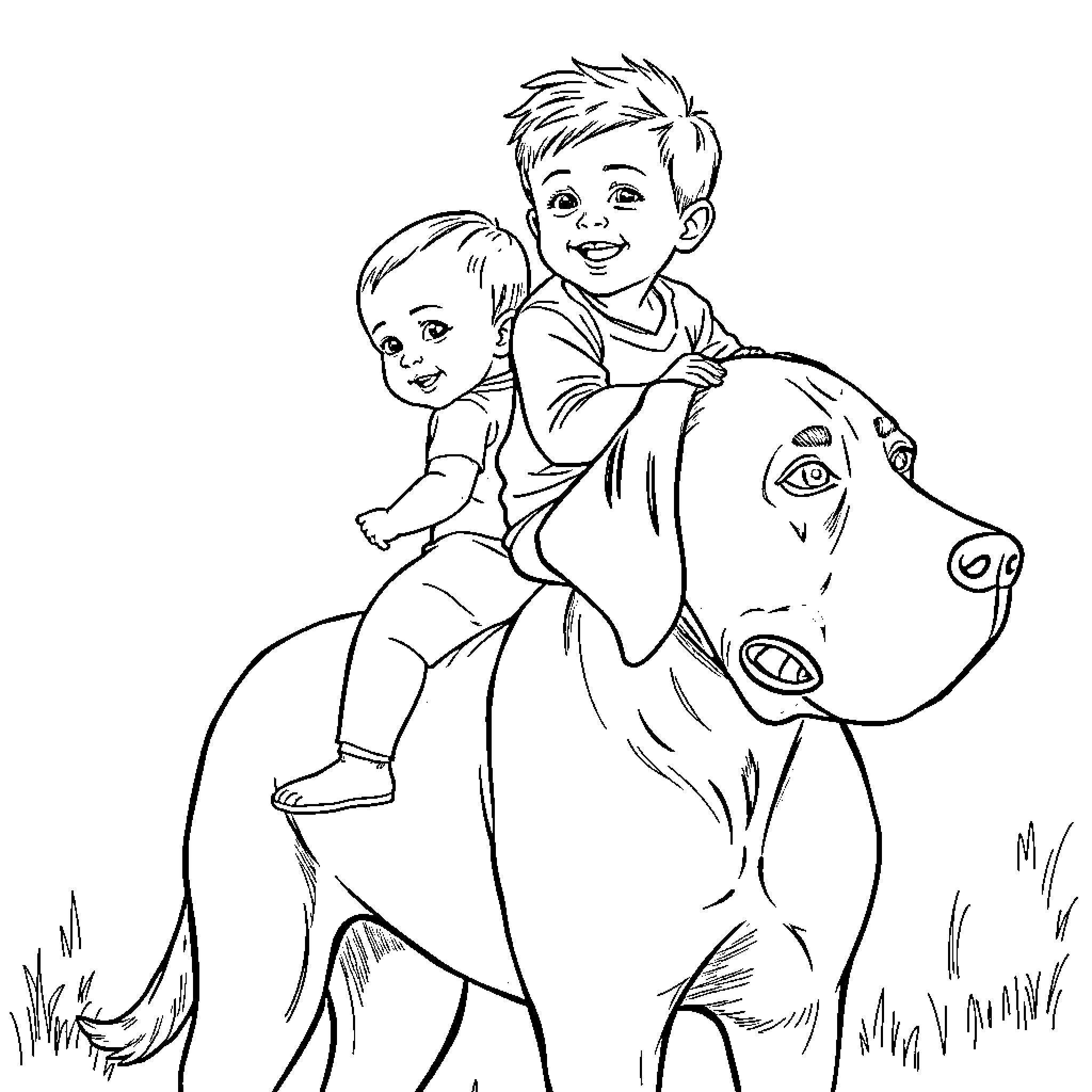 Dog happily carrying child on its back Coloring Page (free black-and-white line drawing printable PDF for all, from beginners to advanced learners, including children, teens, adults, and seniors)