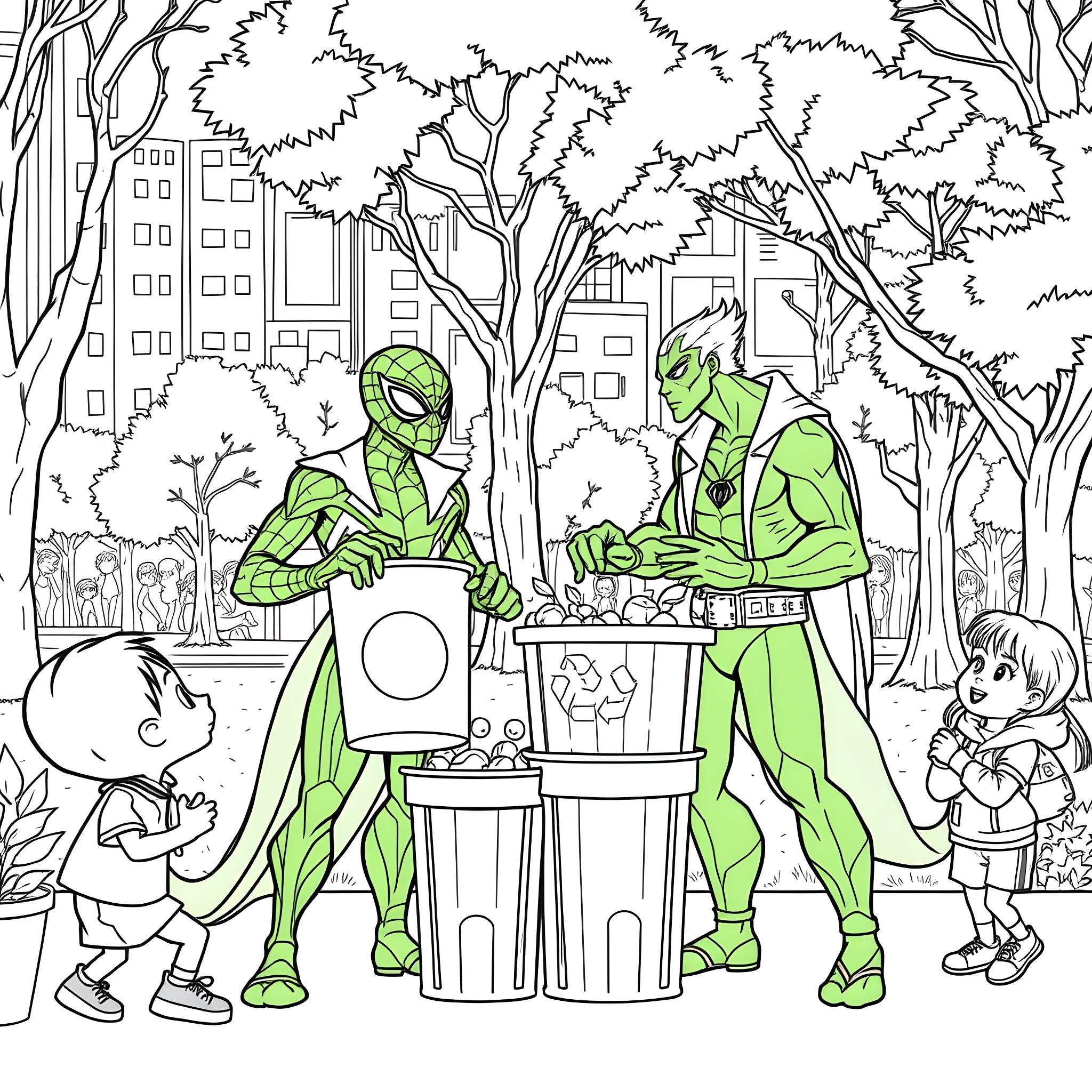 Goblin Garbage Collectors Recycling in the City Park Coloring Page (free black-and-white line drawing printable PDF for all, from beginners to advanced learners, including children, teens, adults, and seniors)