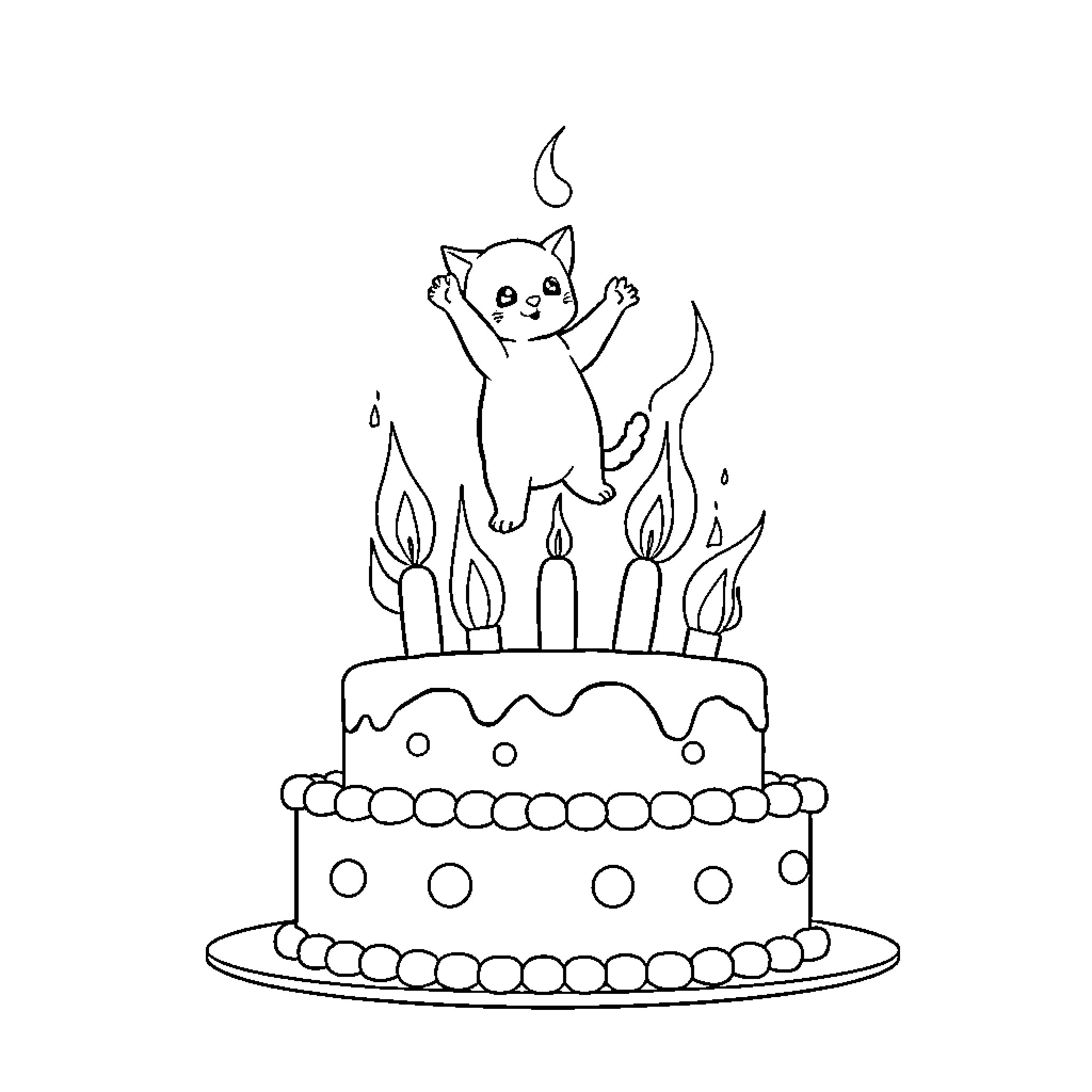 Cat celebrating birthday with cake and candles Coloring Page (free black-and-white line drawing printable PDF for all, from beginners to advanced learners, including children, teens, adults, and seniors)