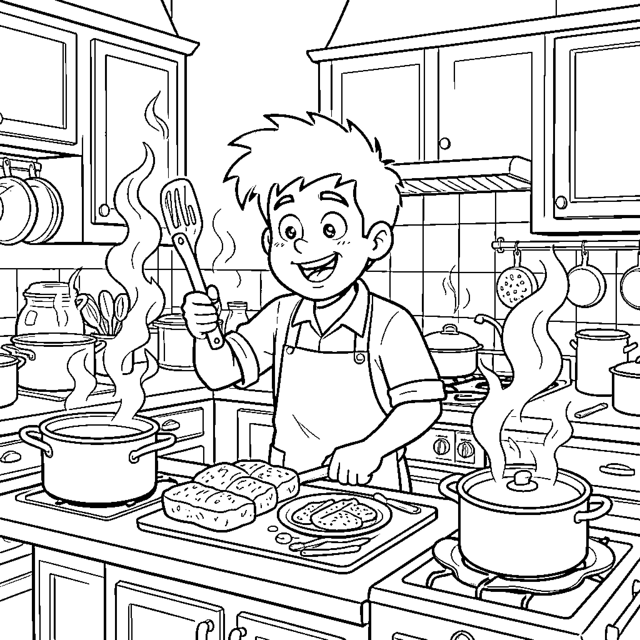 Jhony Bravo cooking up a storm in the kitchen Coloring Page (free black-and-white line drawing printable PDF for all, from beginners to advanced learners, including children, teens, adults, and seniors)