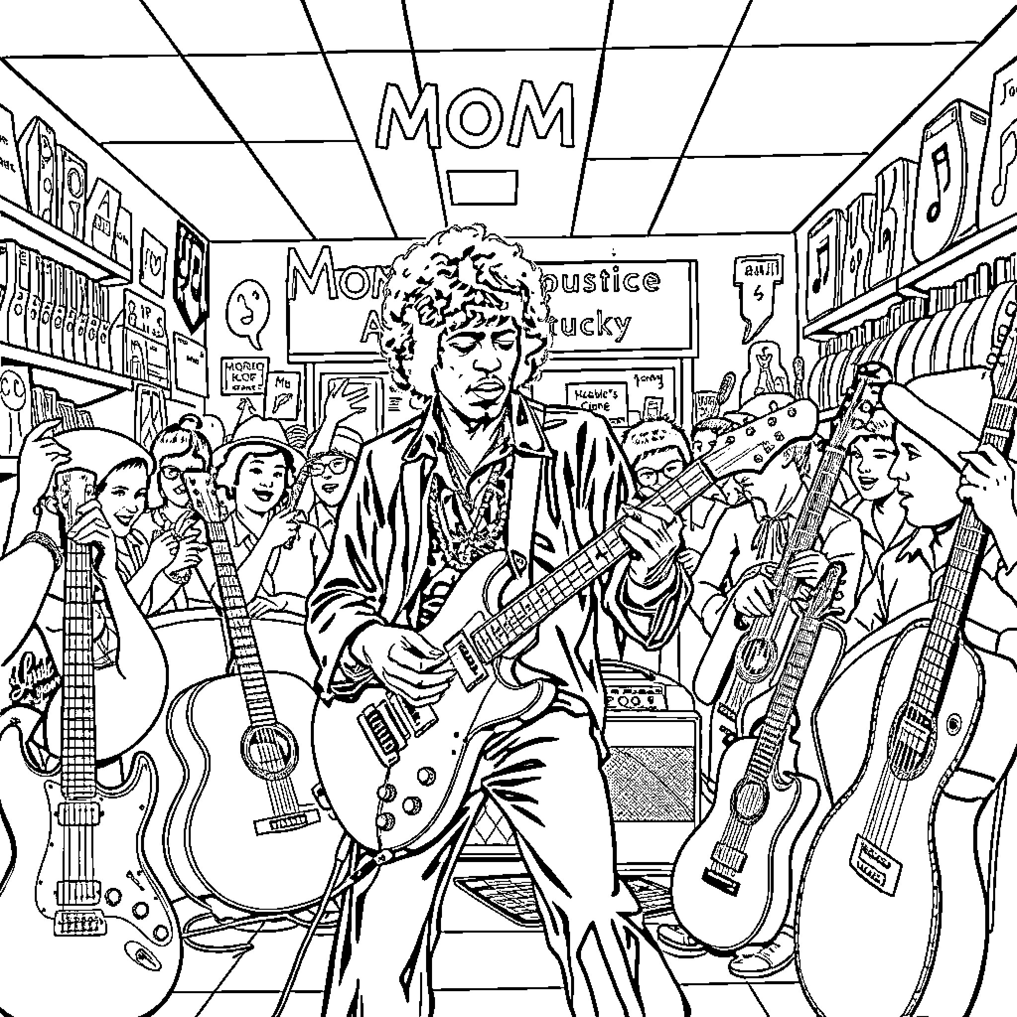 Jimi Hendrix performing on stage with crowd Coloring Page (free black-and-white line drawing printable PDF for all, from beginners to advanced learners, including children, teens, adults, and seniors)