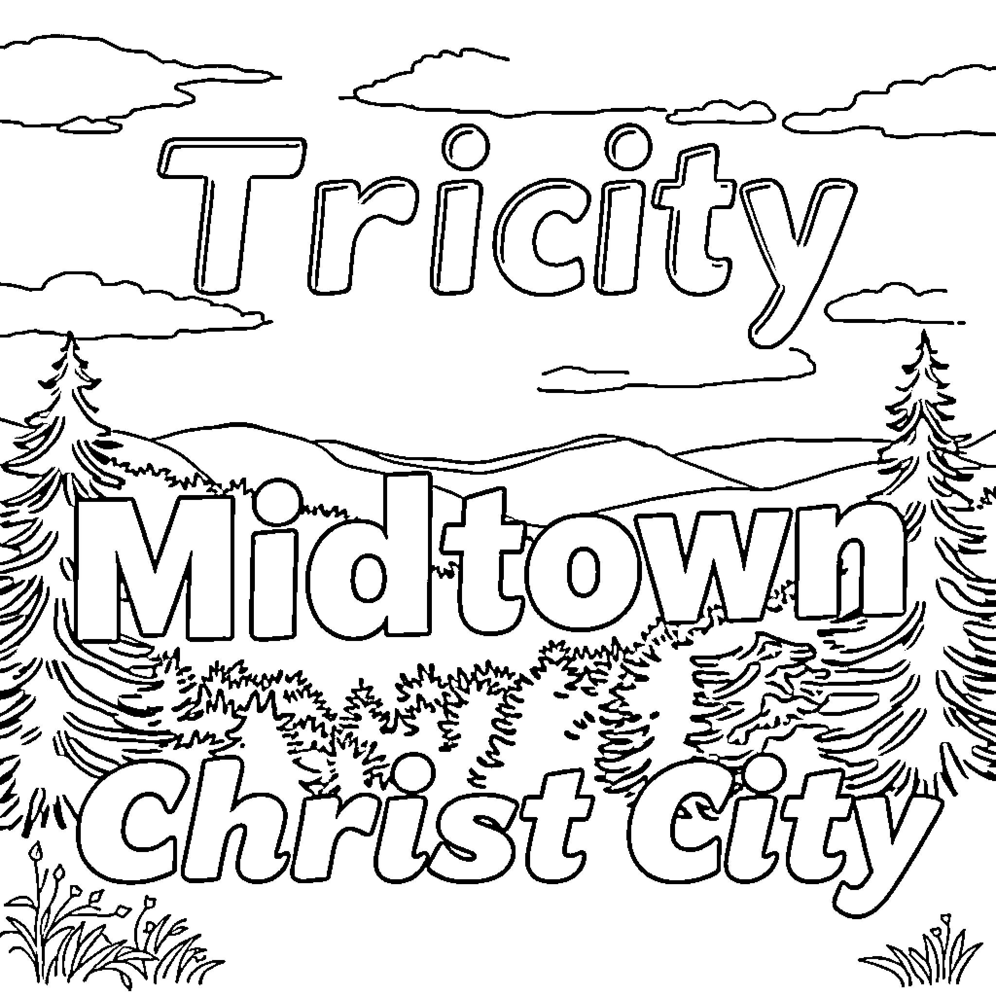 Word Mountain Midtown Christ City Coloring Page (free black-and-white line drawing printable PDF for all, from beginners to advanced learners, including children, teens, adults, and seniors)