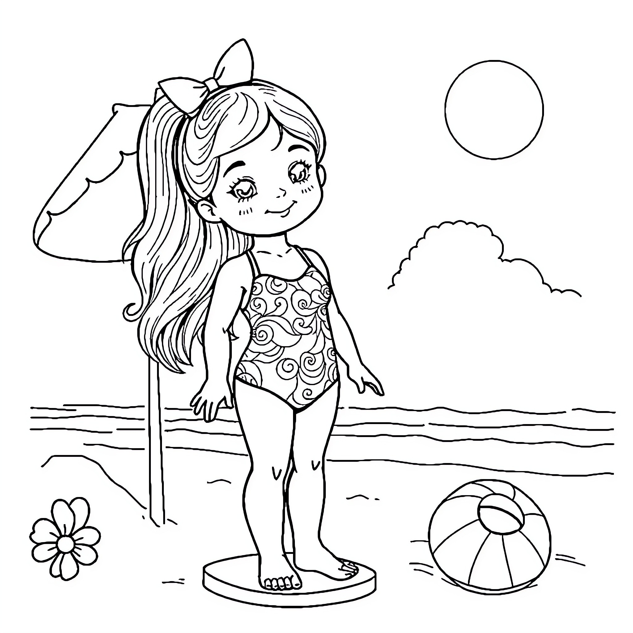 Doll playing on the beach with toys Coloring Page (free black-and-white line drawing printable PDF for all, from beginners to advanced learners, including children, teens, adults, and seniors)