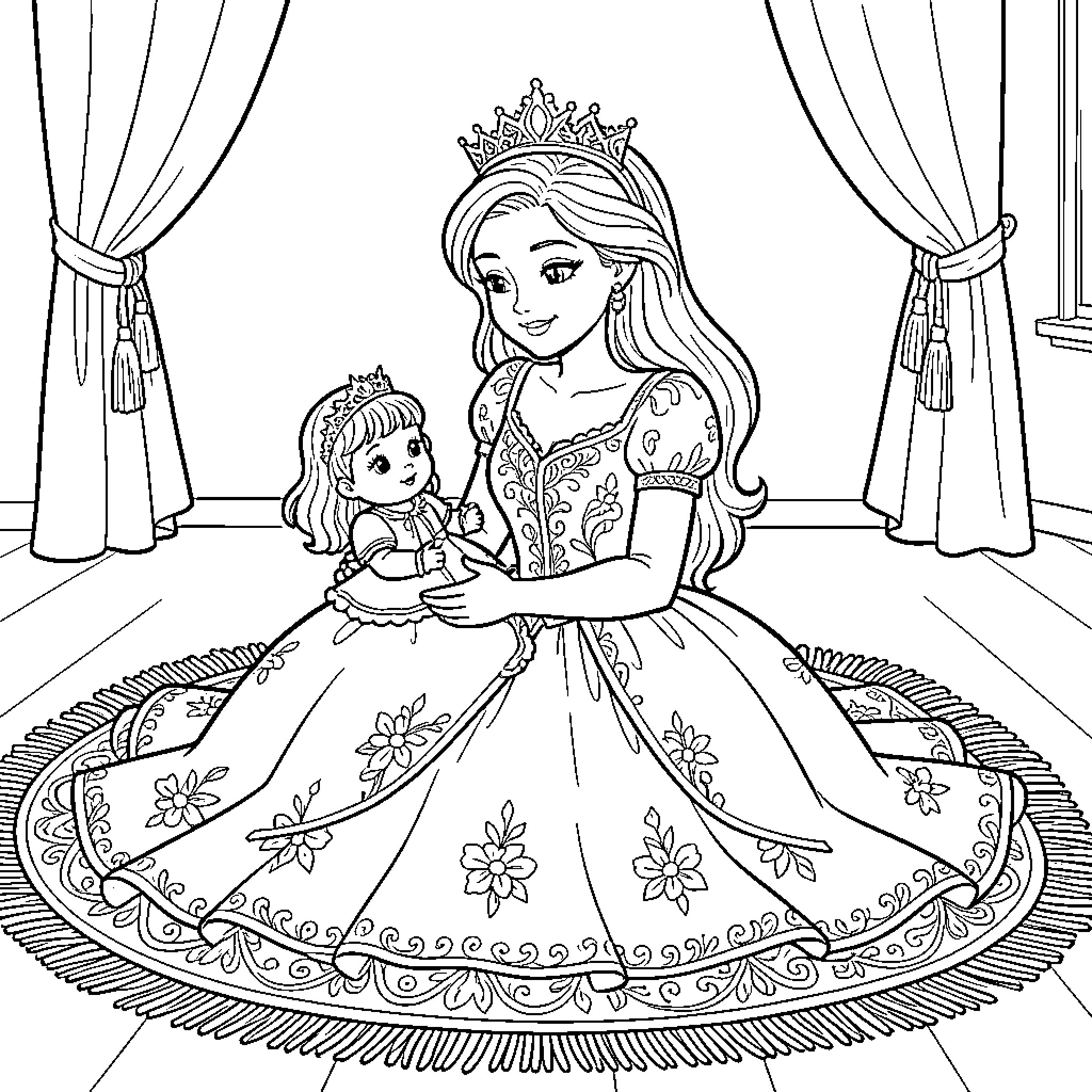 Princess playing tenderly with her little daughter Coloring Page (free black-and-white line drawing printable PDF for all, from beginners to advanced learners, including children, teens, adults, and seniors)