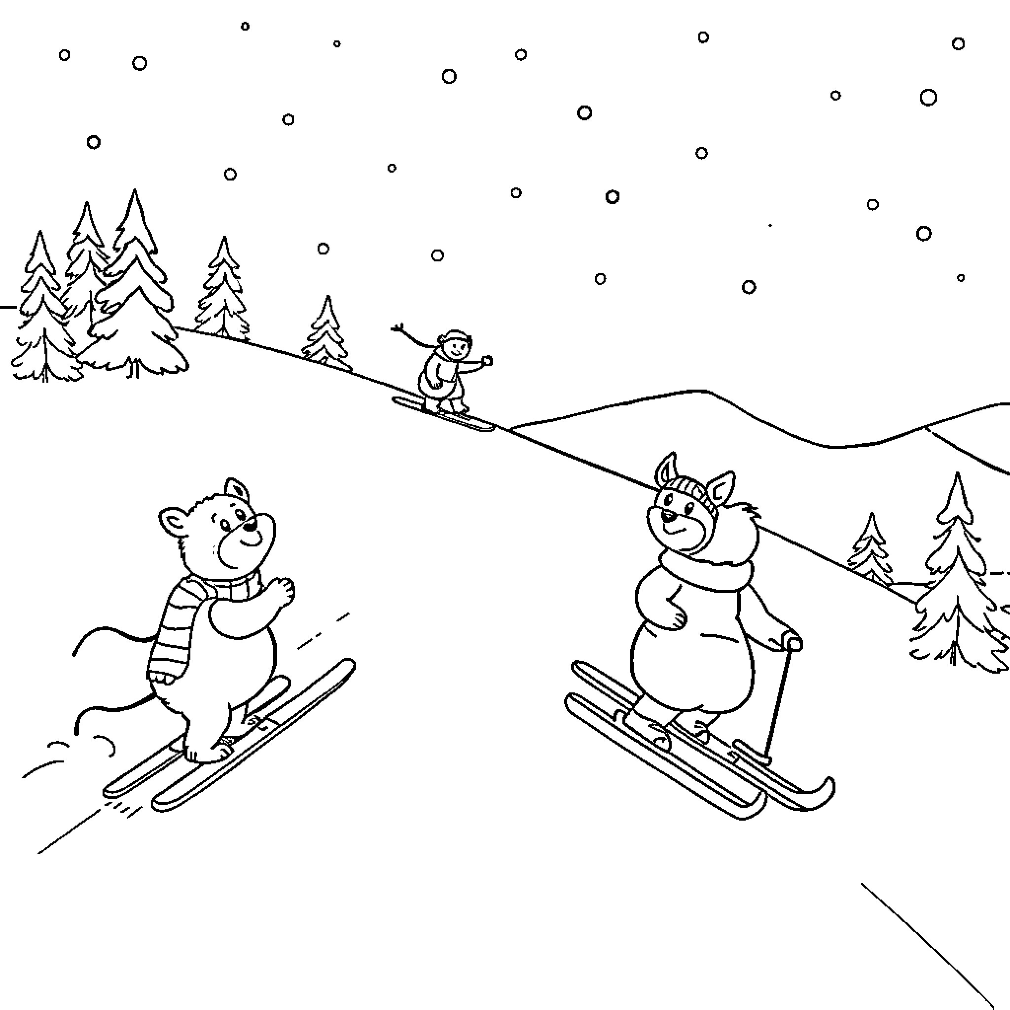 Animal characters skiing on snowy mountains Coloring Page (free black-and-white line drawing printable PDF for all, from beginners to advanced learners, including children, teens, adults, and seniors)