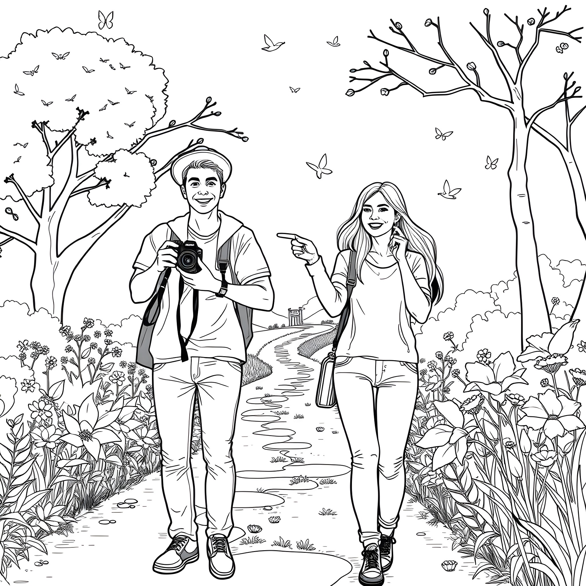 Photographer captures couple on a nature walk Coloring Page (free black-and-white line drawing printable PDF for all, from beginners to advanced learners, including children, teens, adults, and seniors)